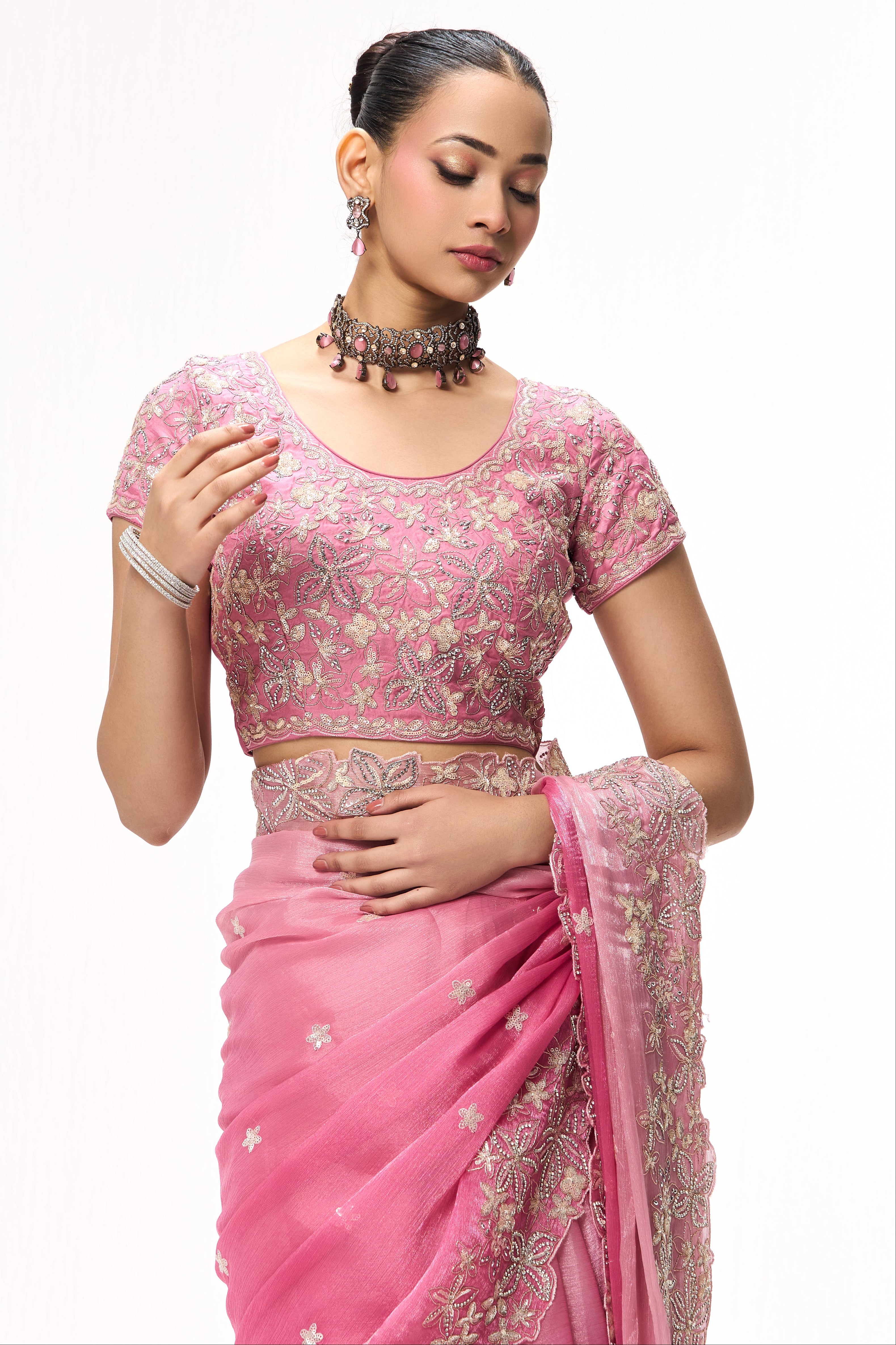 Elixir Pink Embroidered and Beaded Organza Saree with Blouse Fabric