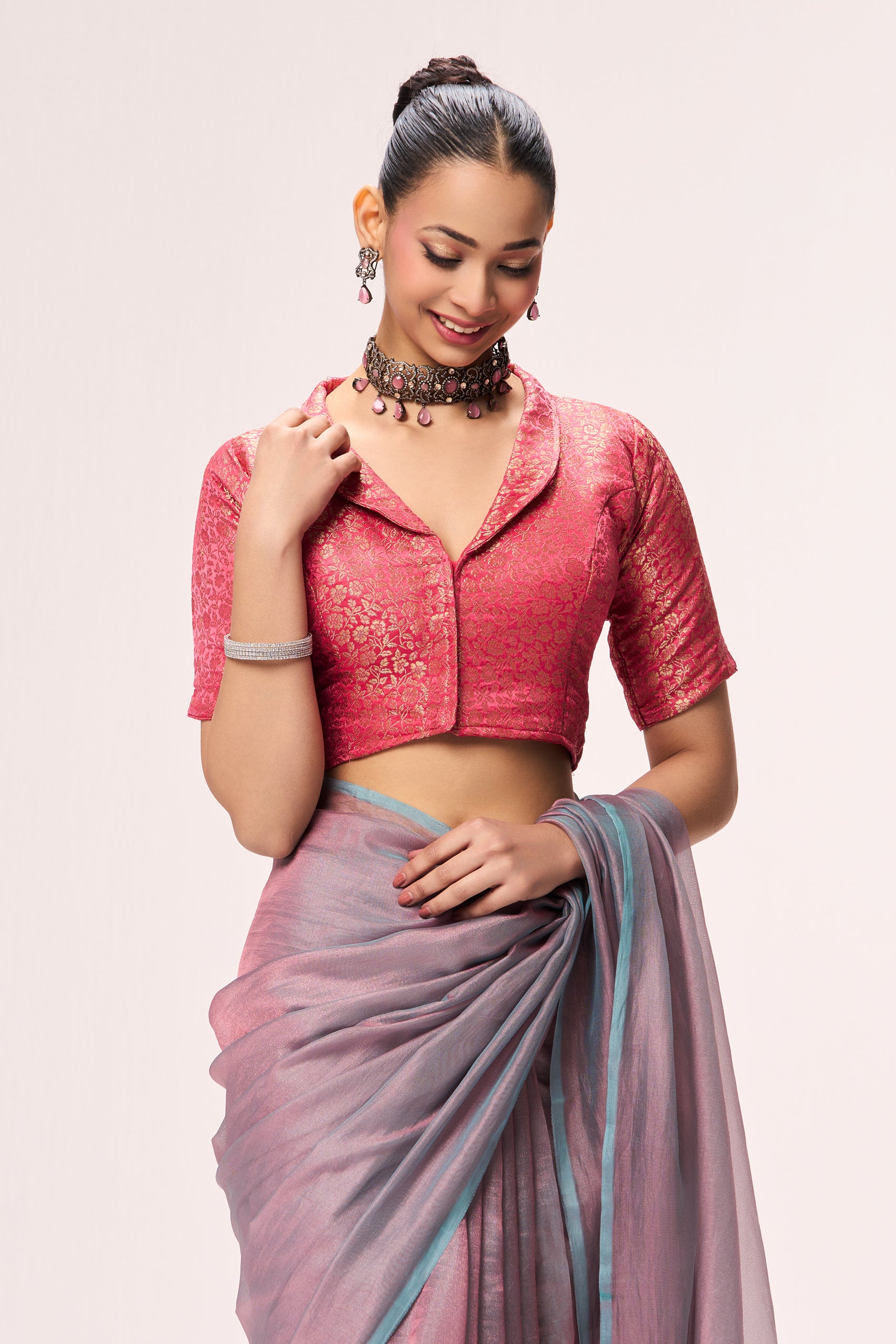 Light Blue Pink Textured Chiffon Saree with Pink Jacquard Collar Readymade Blouse