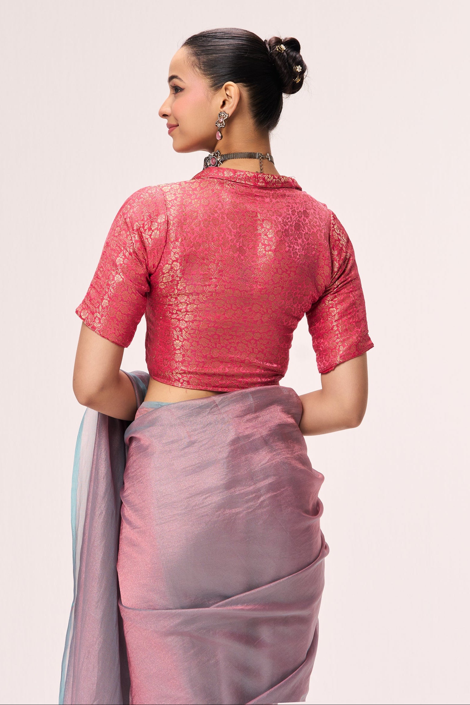 Light Blue Pink Textured Chiffon Saree with Pink Jacquard Collar Readymade Blouse