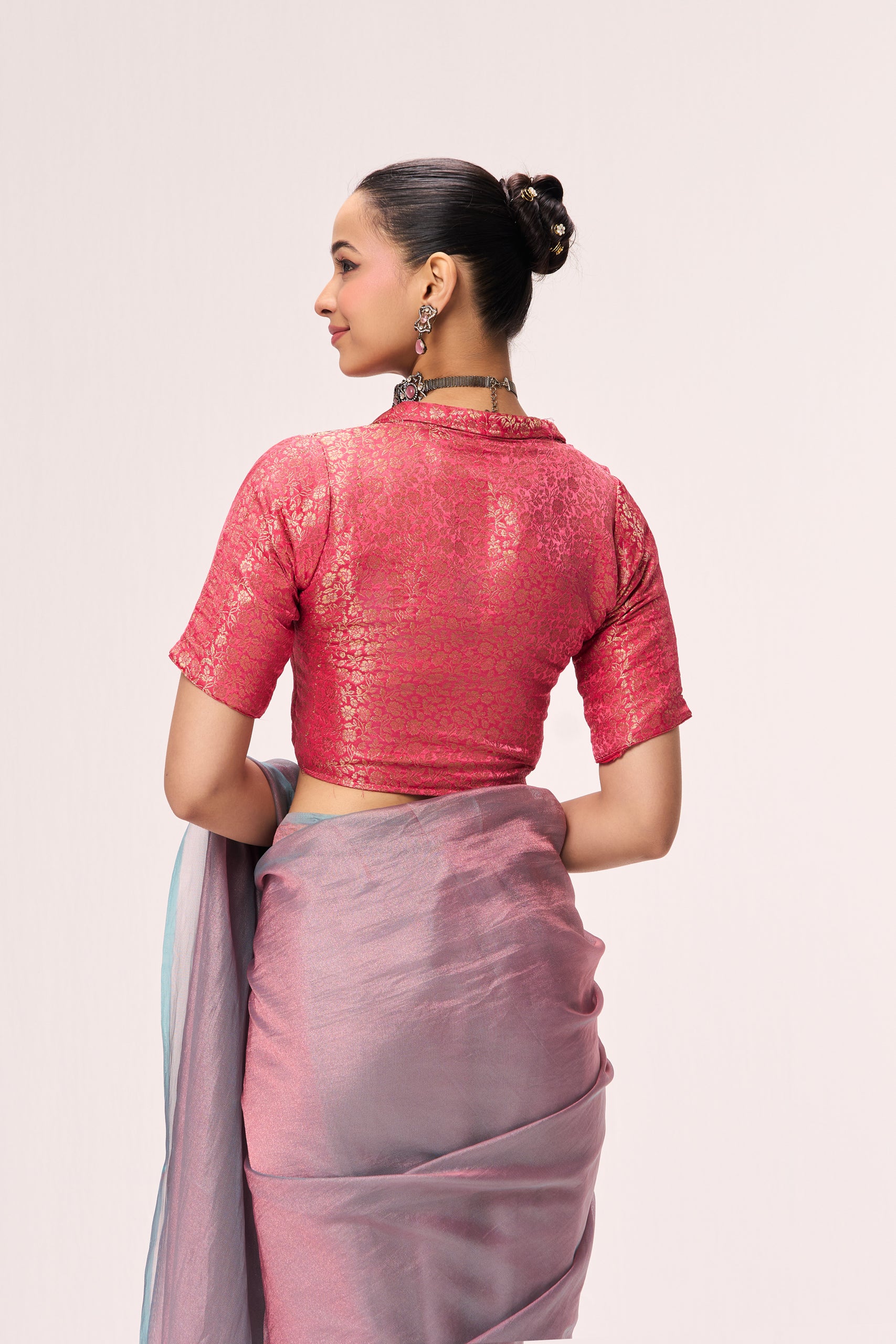 Pink Jacquard Collar Blouse – Free-Size Adjustable 32–40 inches | Structured Festive Blouse