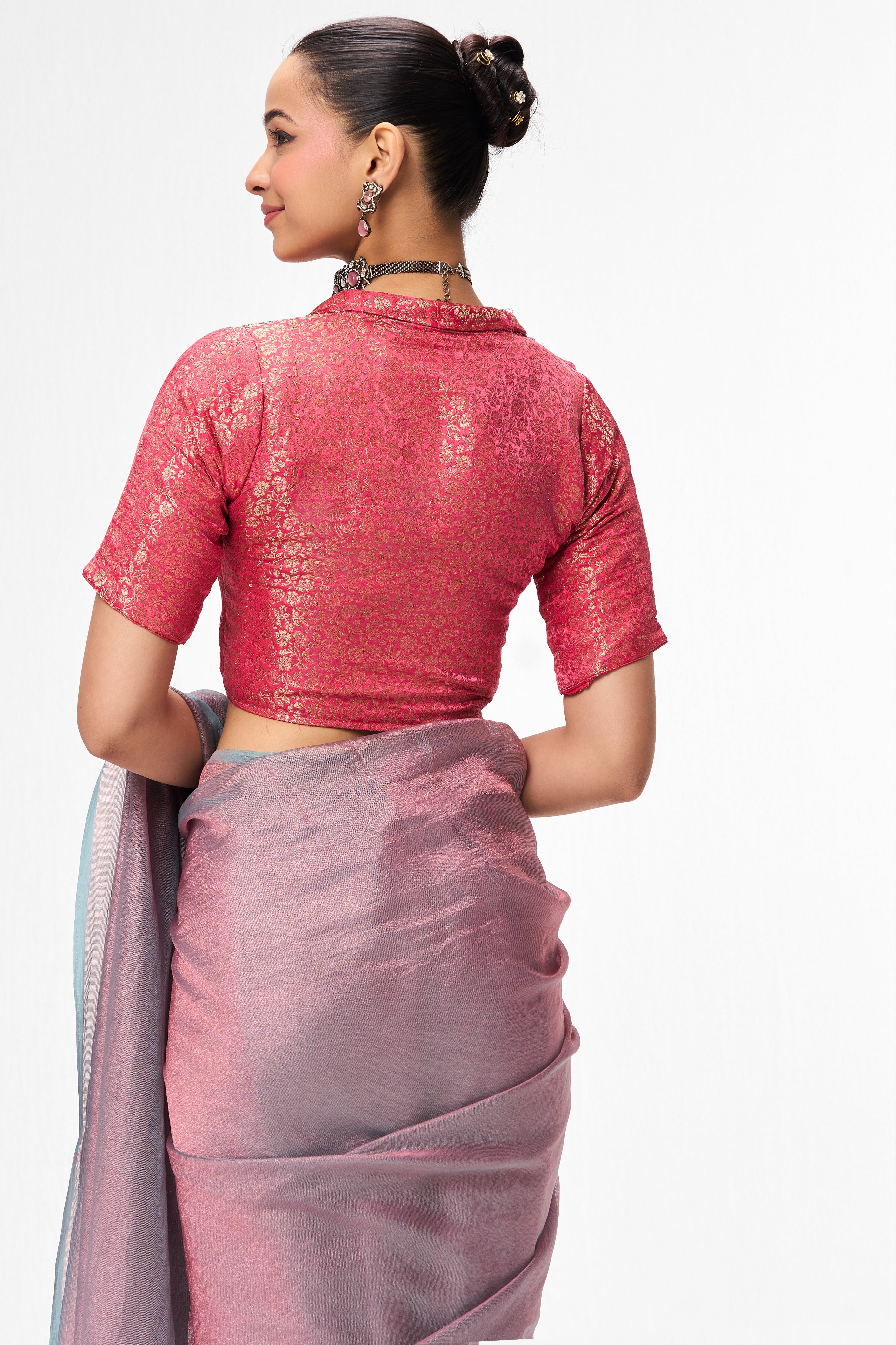 With Readymade Blouse - Light Blue Pink Textured Chiffon Saree with Pink Jacquard Collar Readymade Blouse