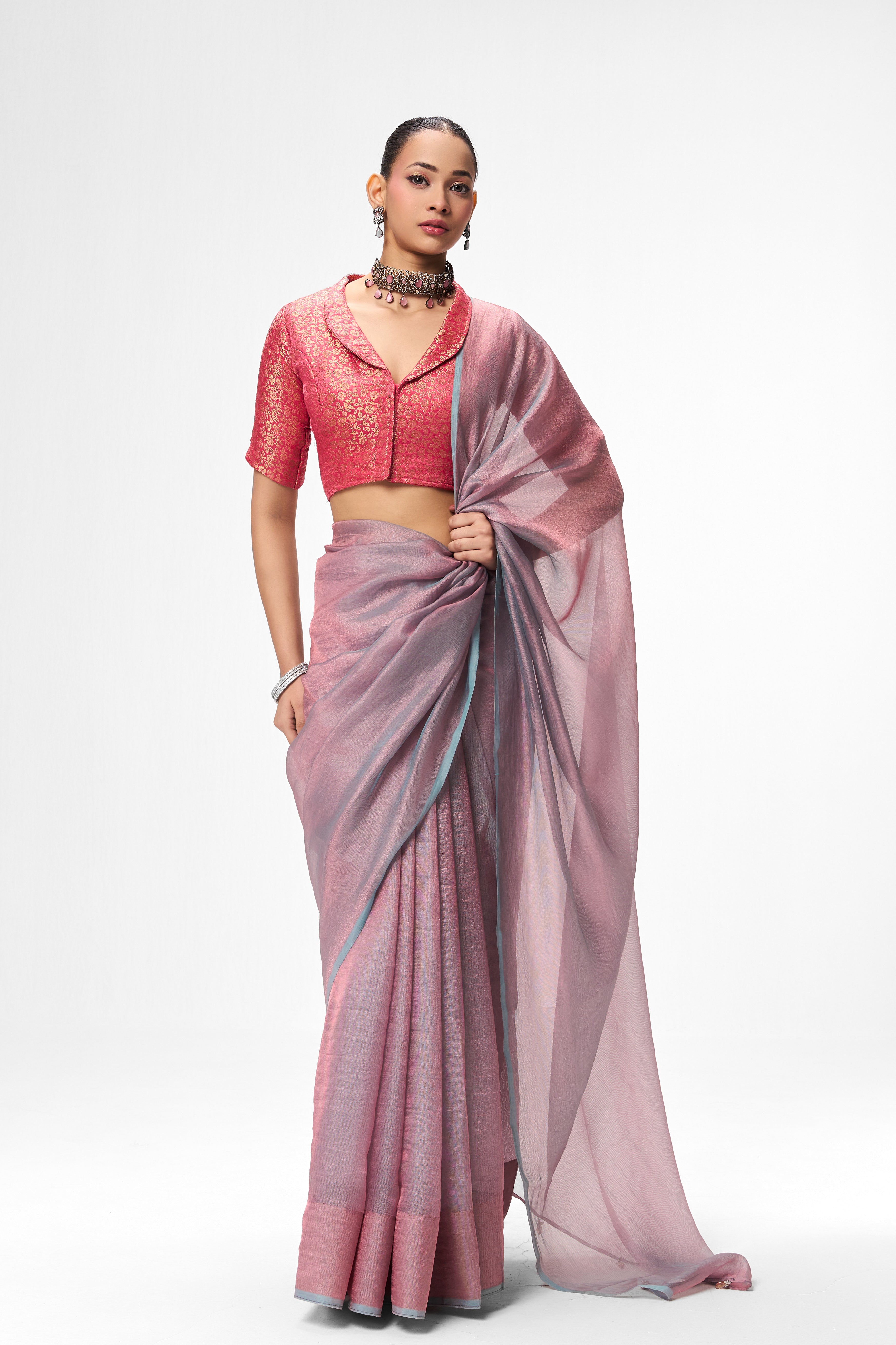 Pink Jacquard Collar Blouse – Free-Size Adjustable 32–40 inches | Structured Festive Blouse