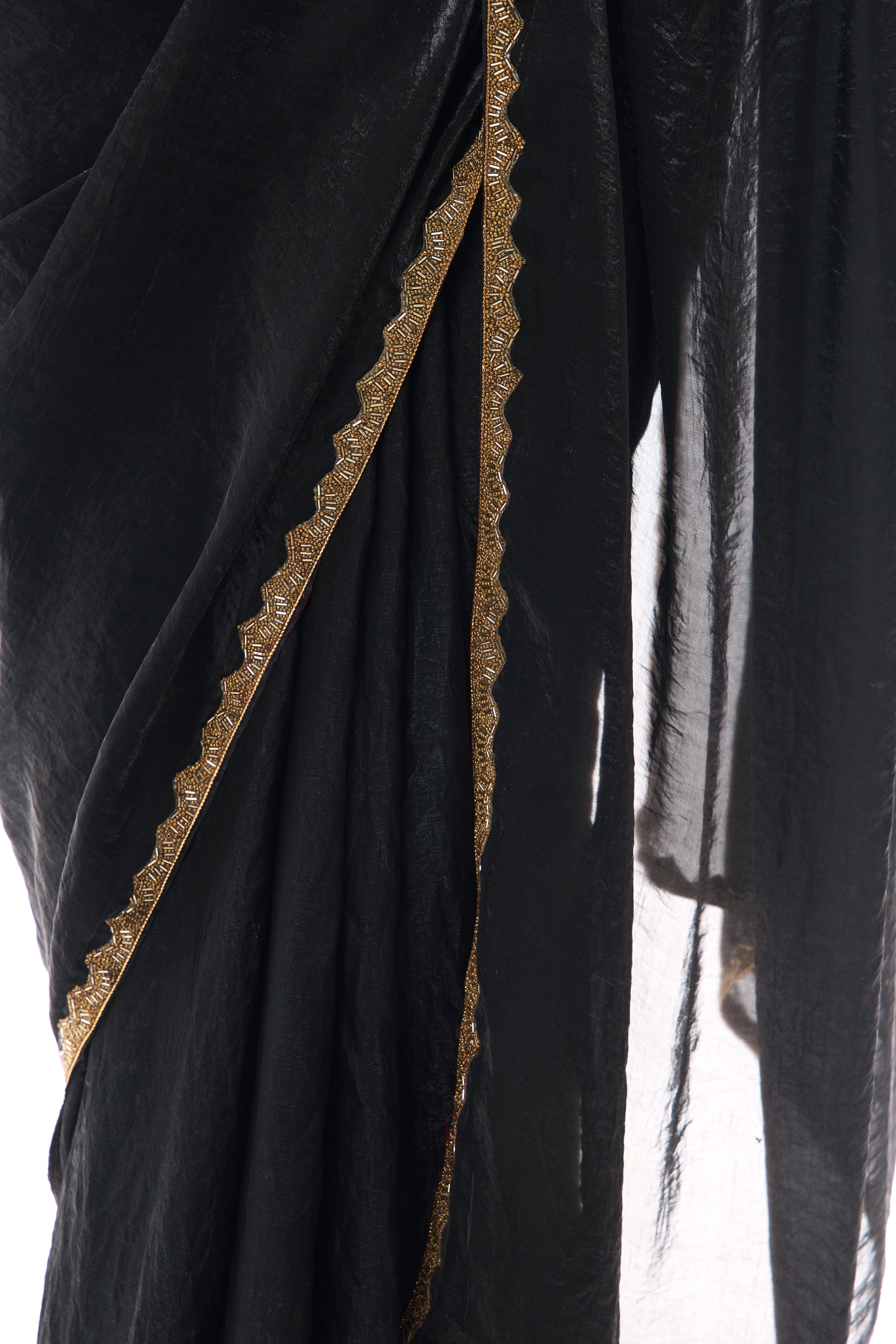 Black Gold Border Metallic Satin Saree with Blouse Fabric