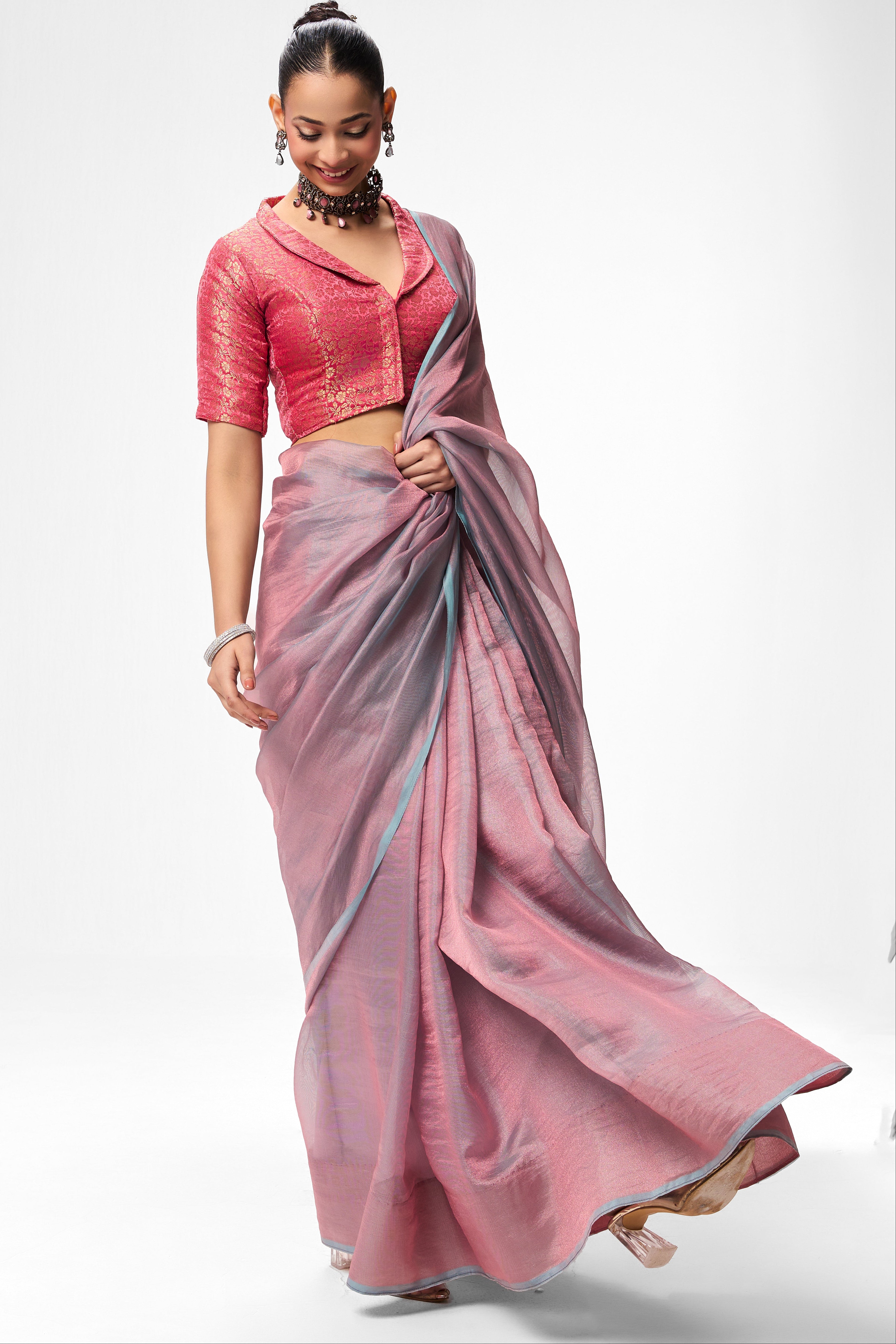 Light Blue Pink Textured Chiffon Saree with Pink Jacquard Collar Readymade Blouse