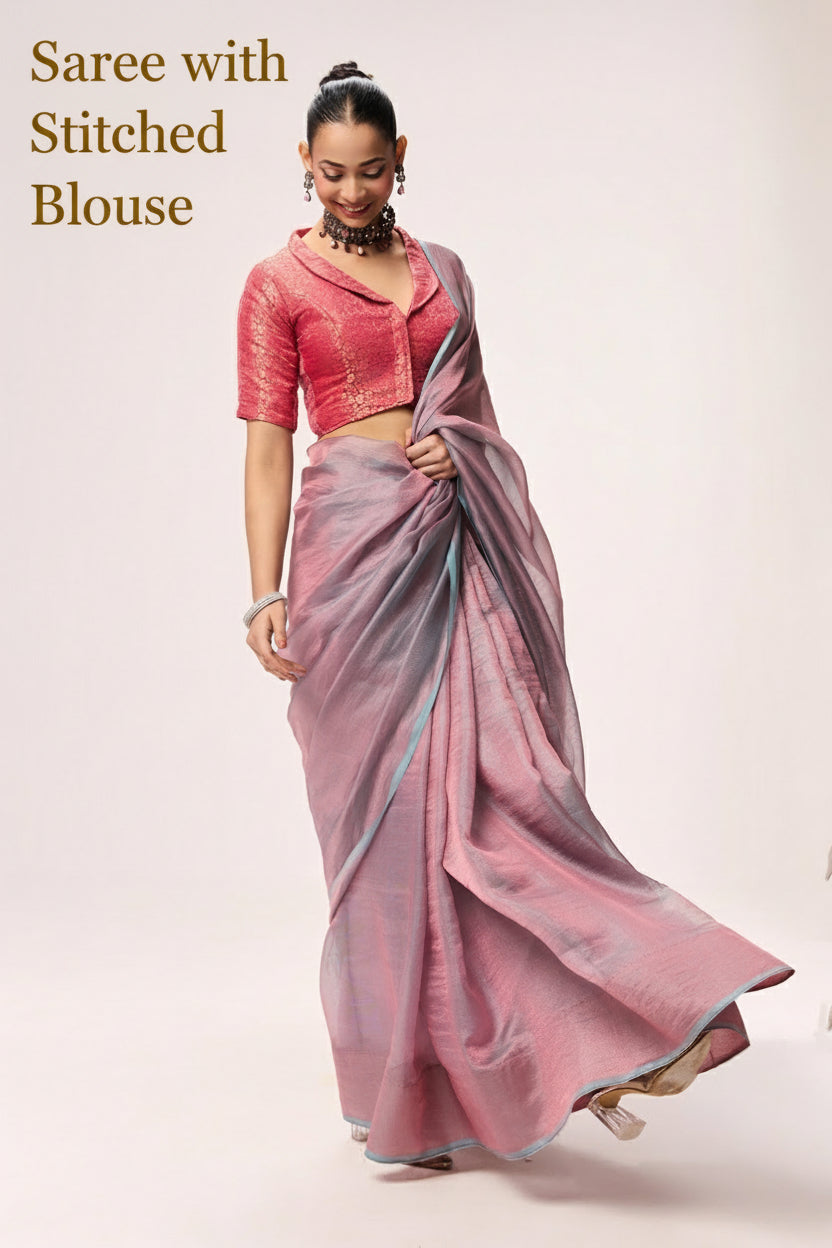 Light Blue Pink Textured Chiffon Saree with Pink Jacquard Collar Readymade Blouse