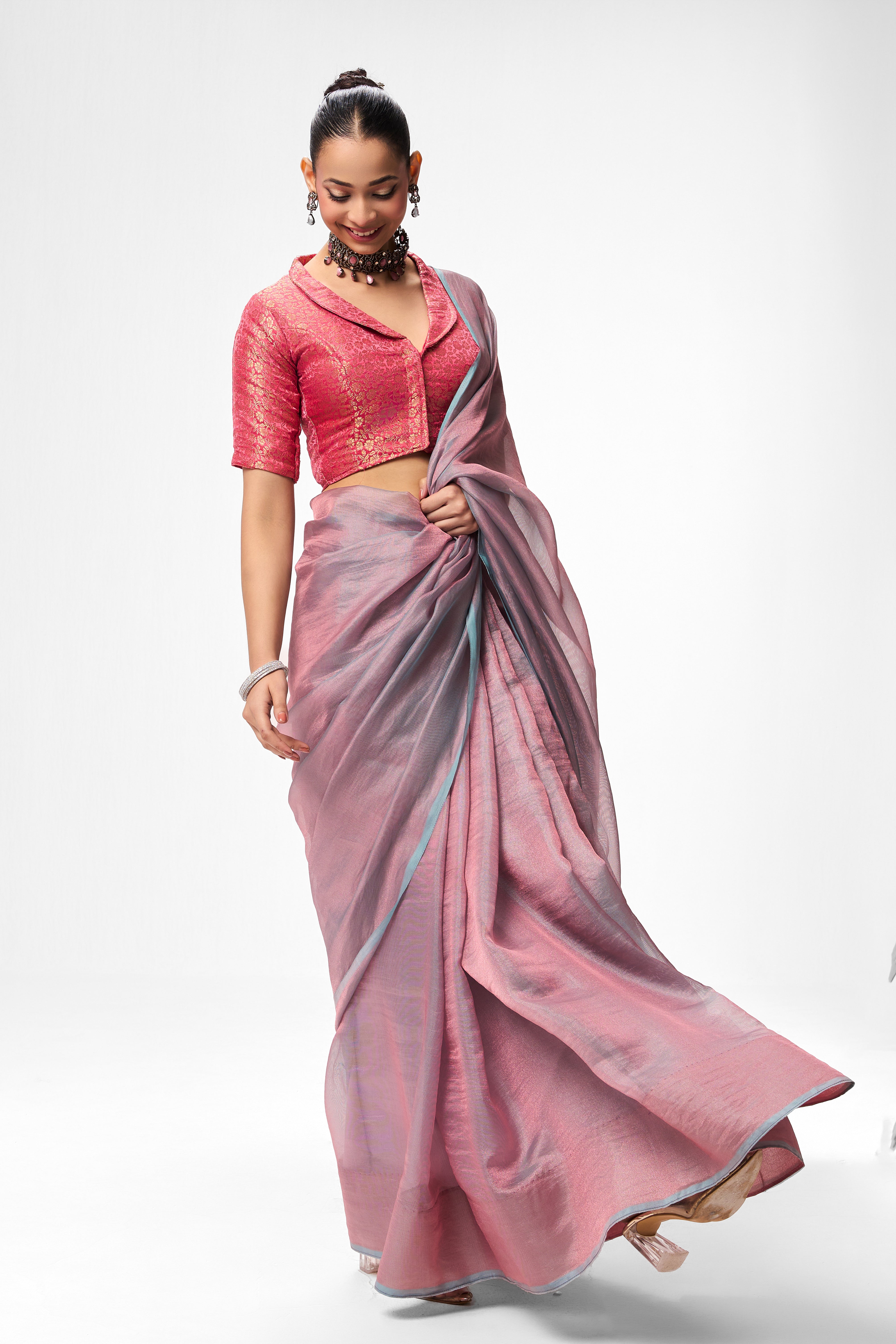 Pink Jacquard Collar Blouse – Free-Size Adjustable 32–40 inches | Structured Festive Blouse