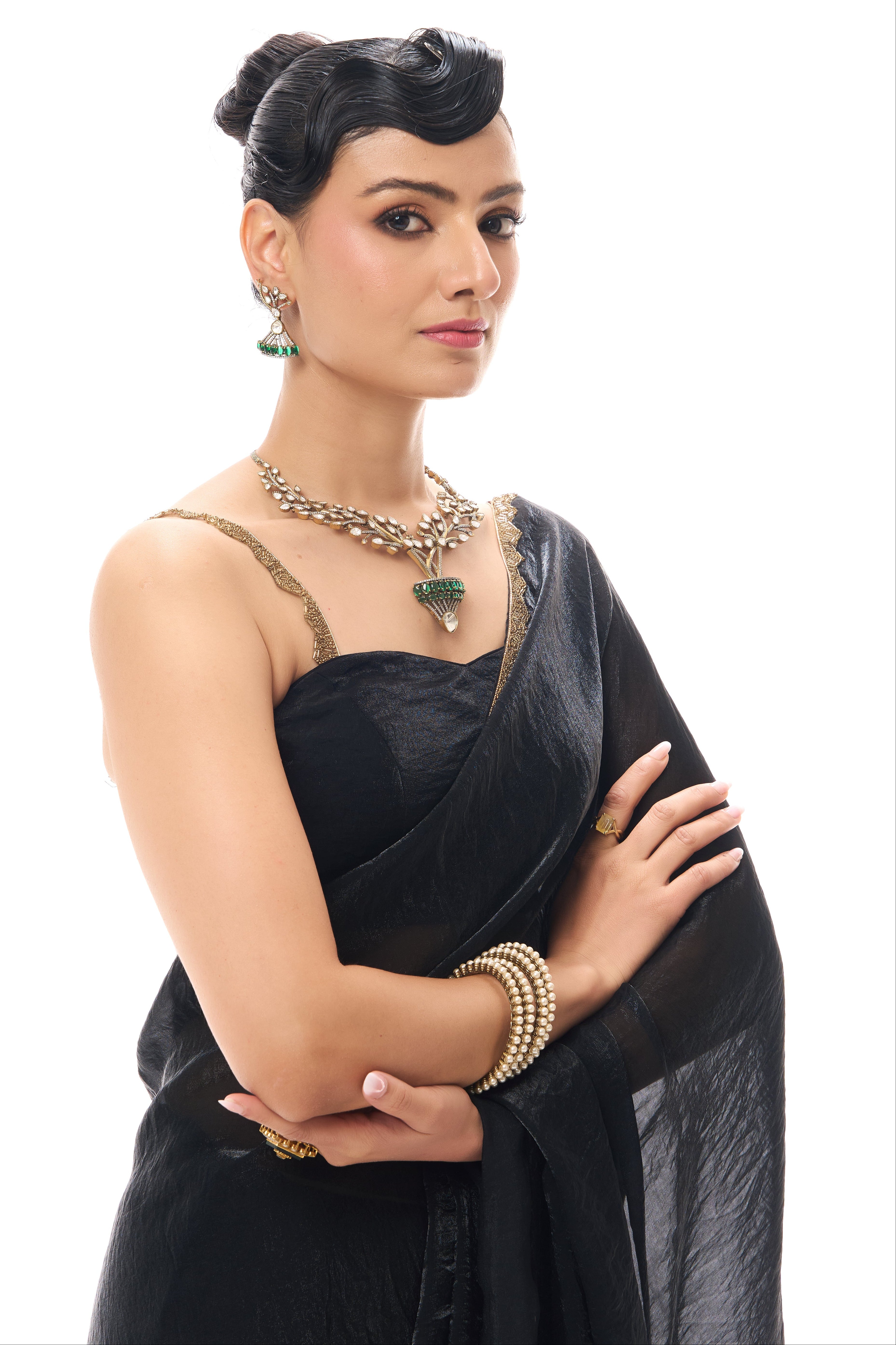 Black Gold Border Metallic Satin Saree with Blouse Fabric