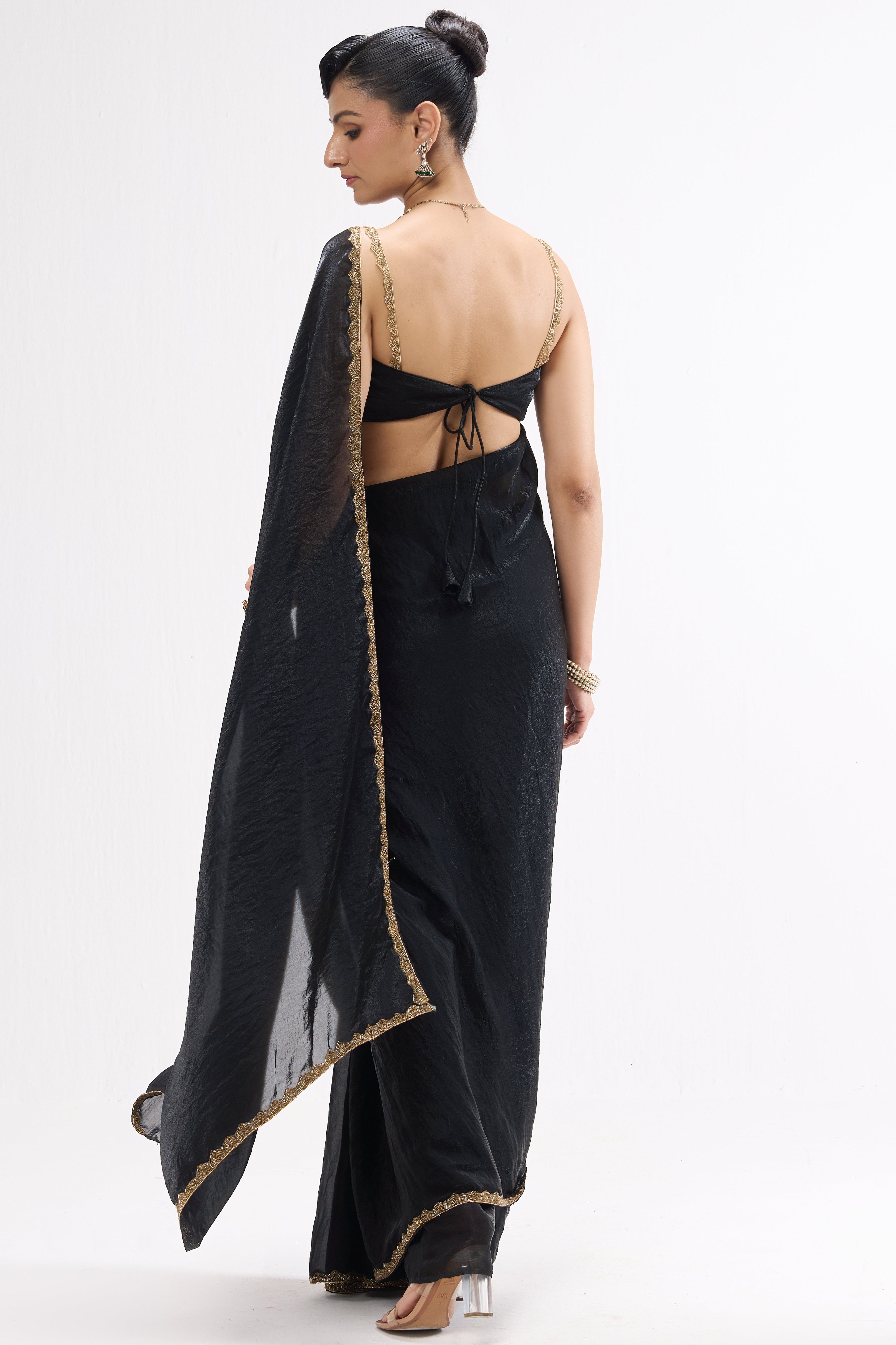 Black Gold Border Metallic Satin Saree with Blouse Fabric