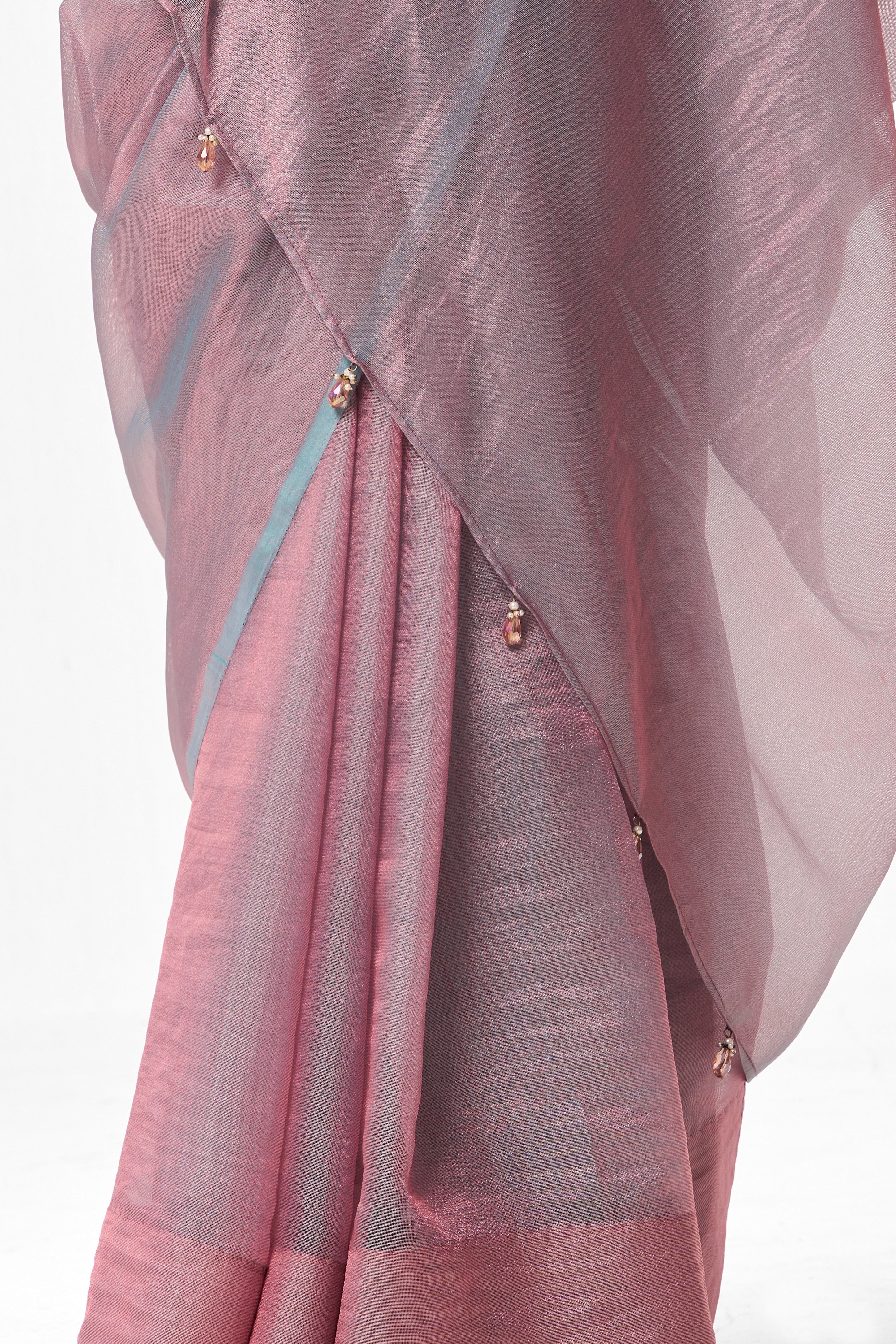 With Readymade Blouse - Light Blue Pink Textured Chiffon Saree with Pink Jacquard Collar Readymade Blouse