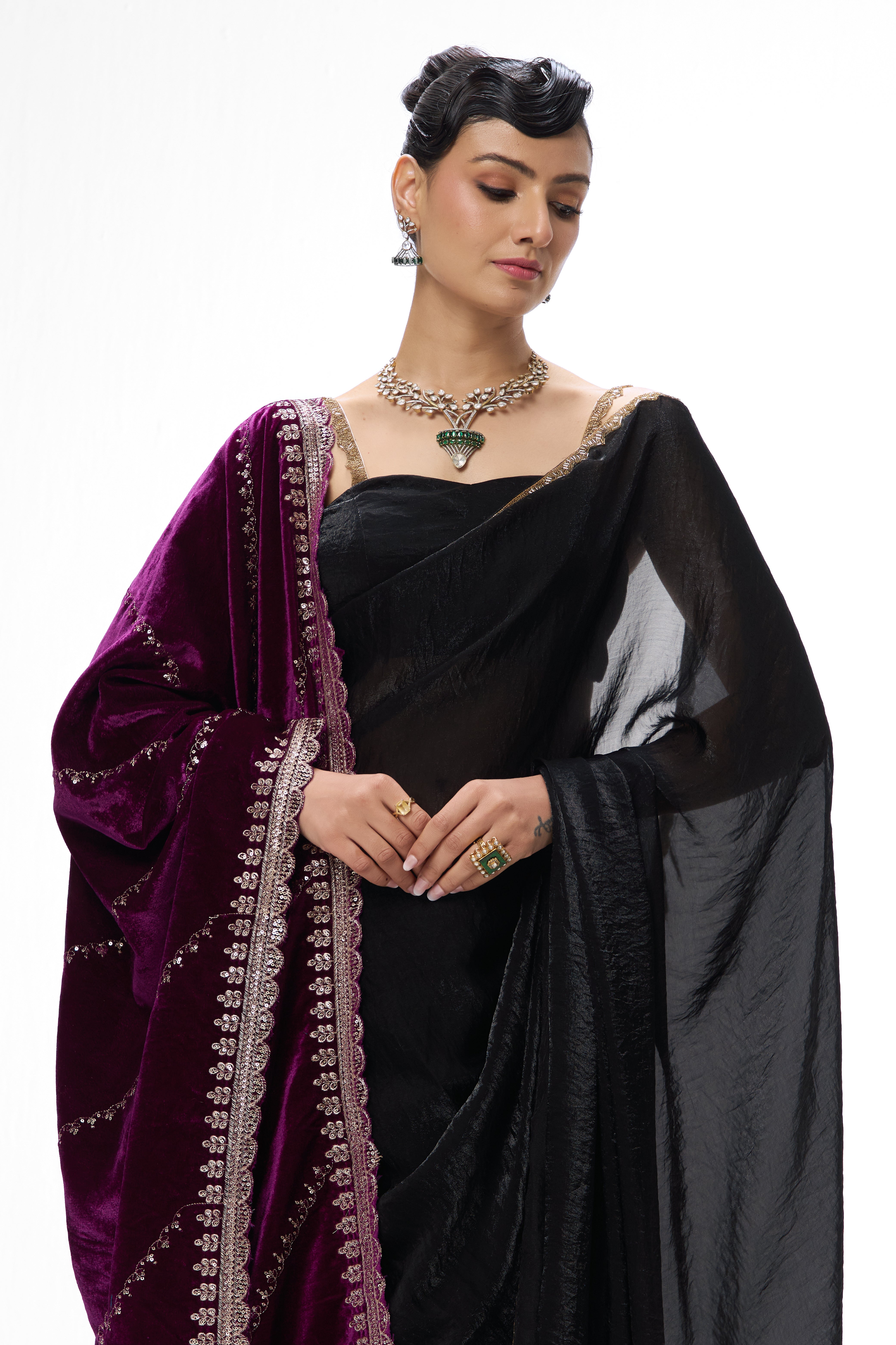 Diagonal Stripe Purple Embroidered Velvet Shawl