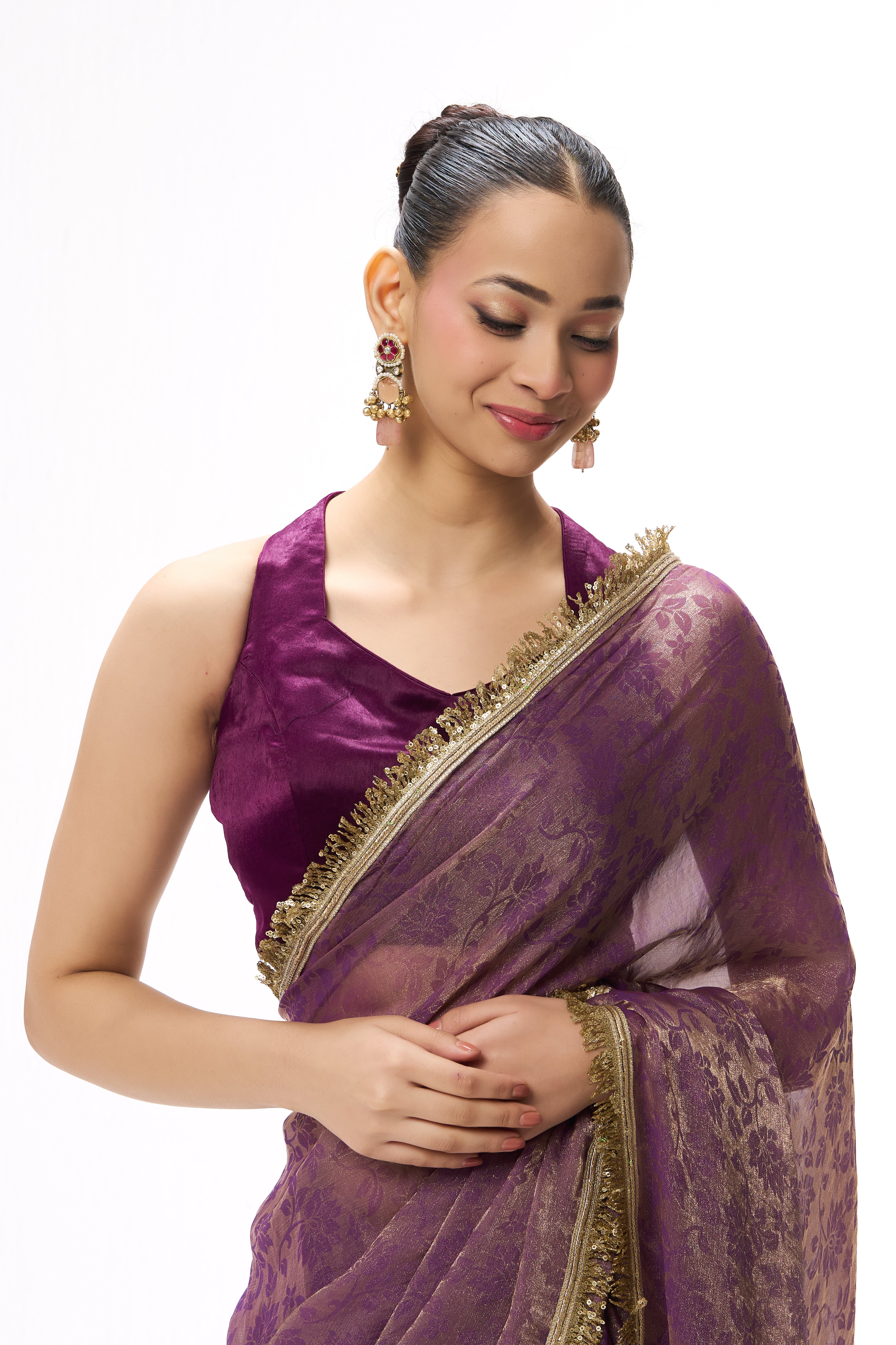 Purple Gold Q'la Chiffon Saree with Lace and Plush Blouse Fabric