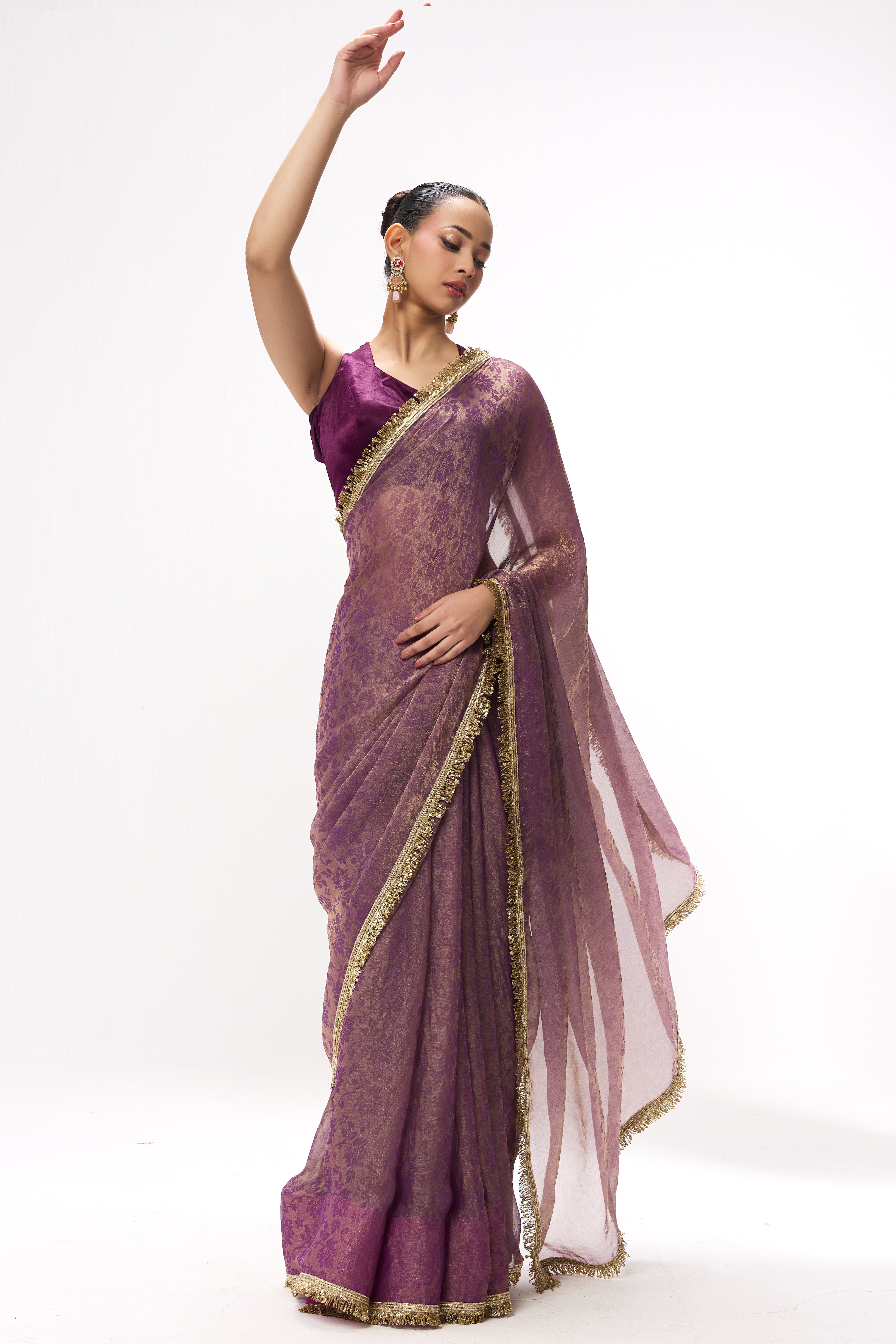 Purple Gold Q'la Chiffon Saree with Lace and Plush Blouse Fabric