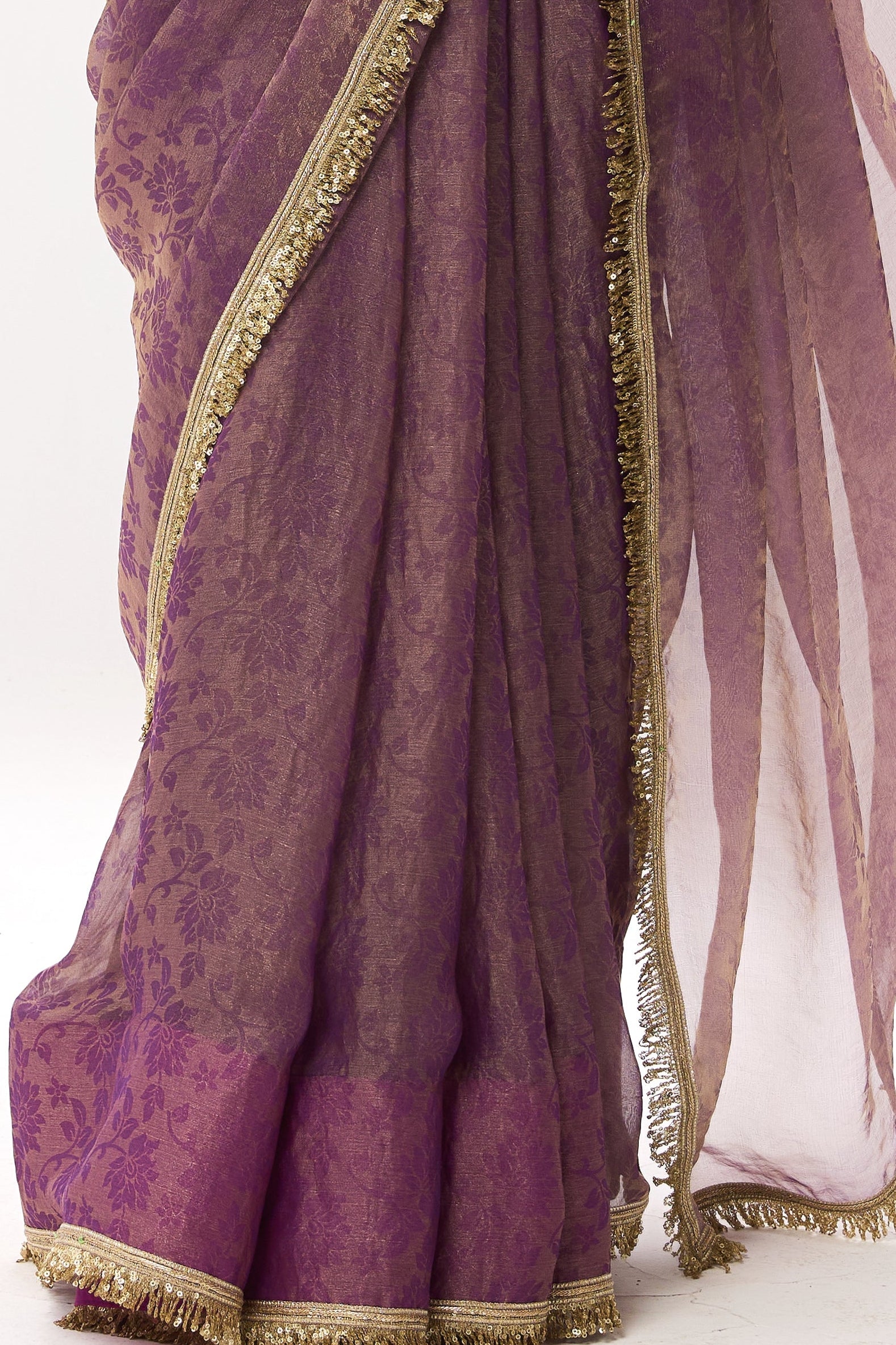 Purple Gold Q'la Chiffon Saree with Lace and Plush Blouse Fabric