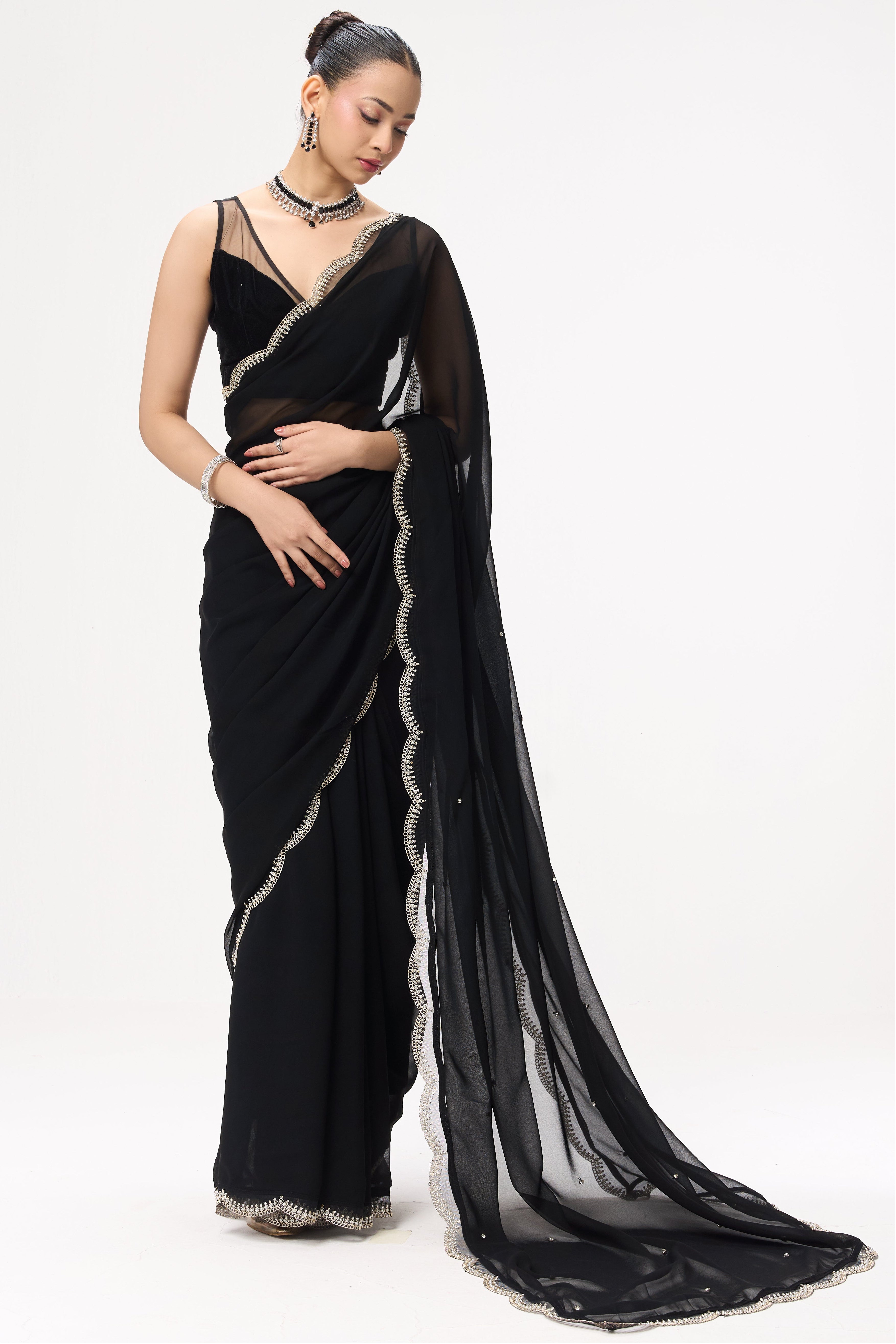 Ebony & Ivory Georgette Saree With Beaded Border and Self Fabric Blouse Fabric