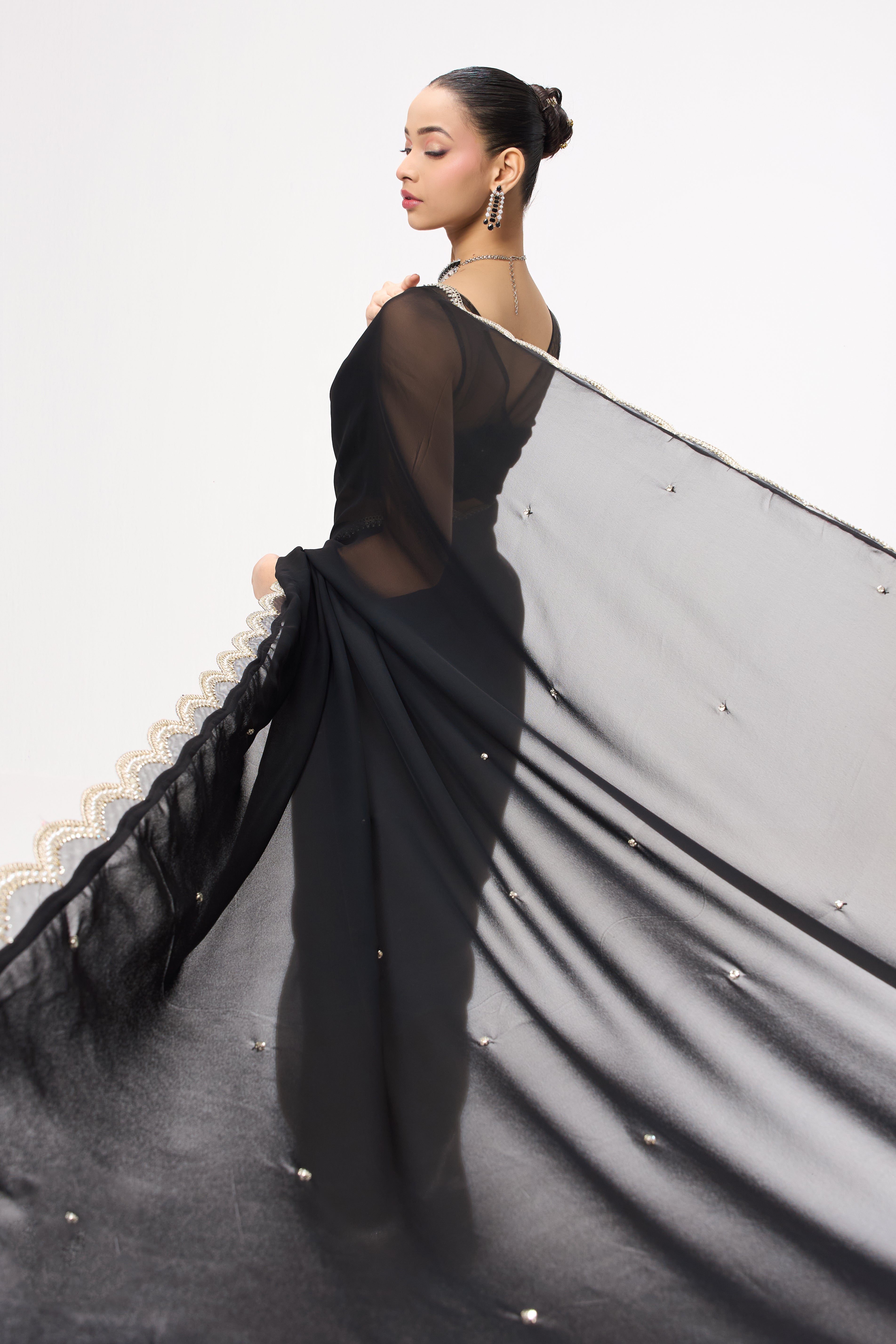 Ebony & Ivory Georgette Saree With Beaded Border and Self Fabric Blouse Fabric