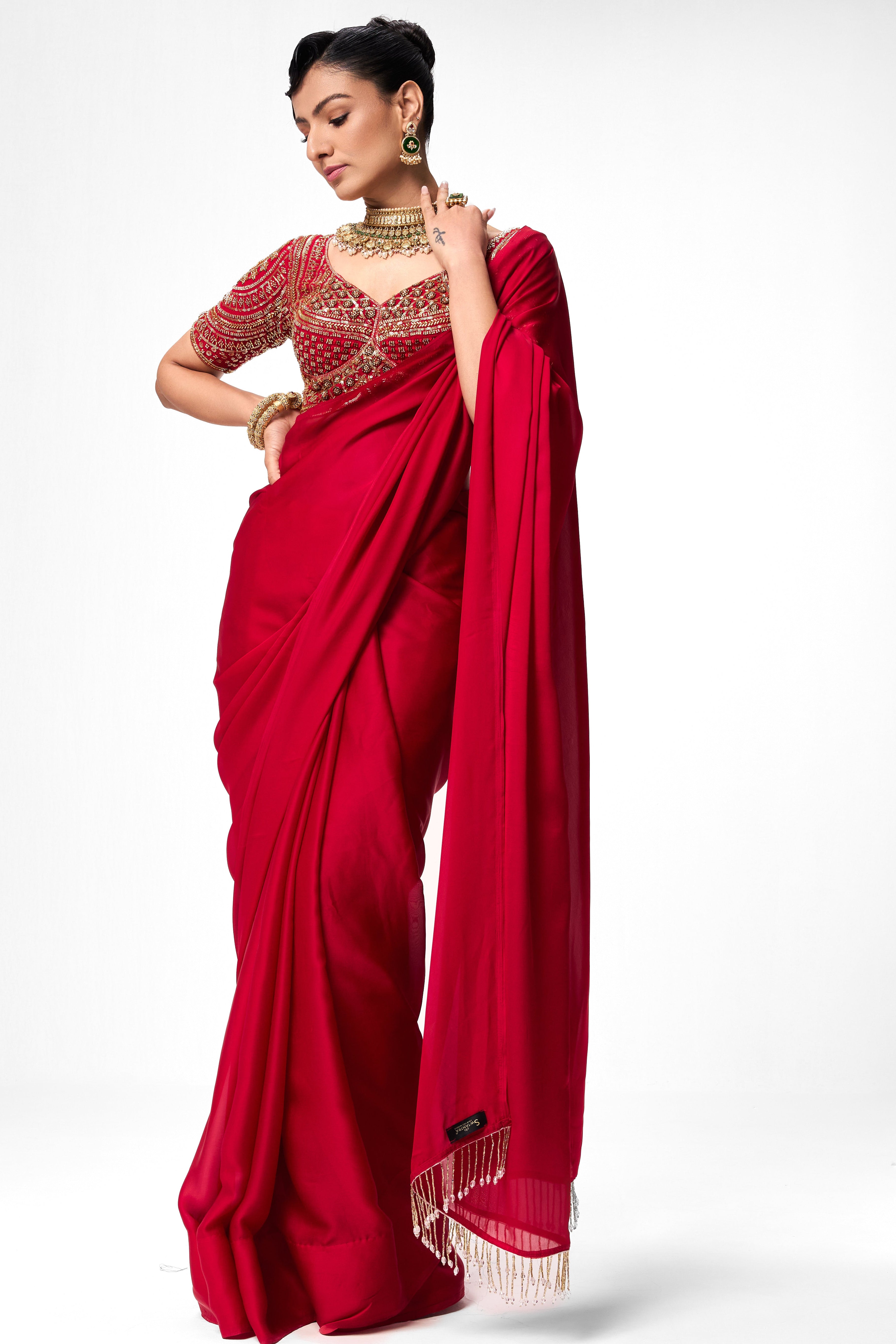 Red Satin Saree with Lace and Self Blouse Fabric