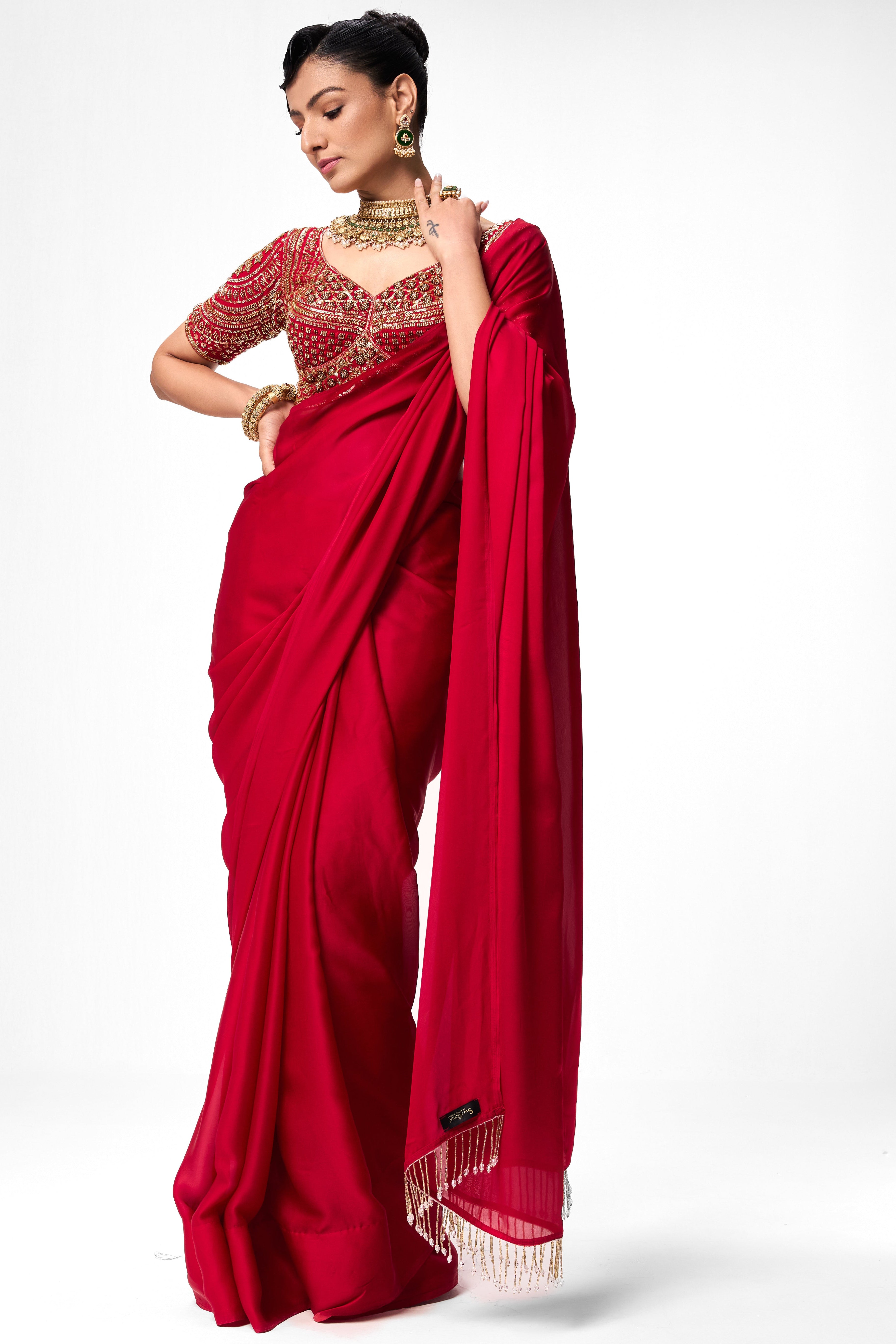 Red Satin Saree with Lace and Self Blouse Fabric