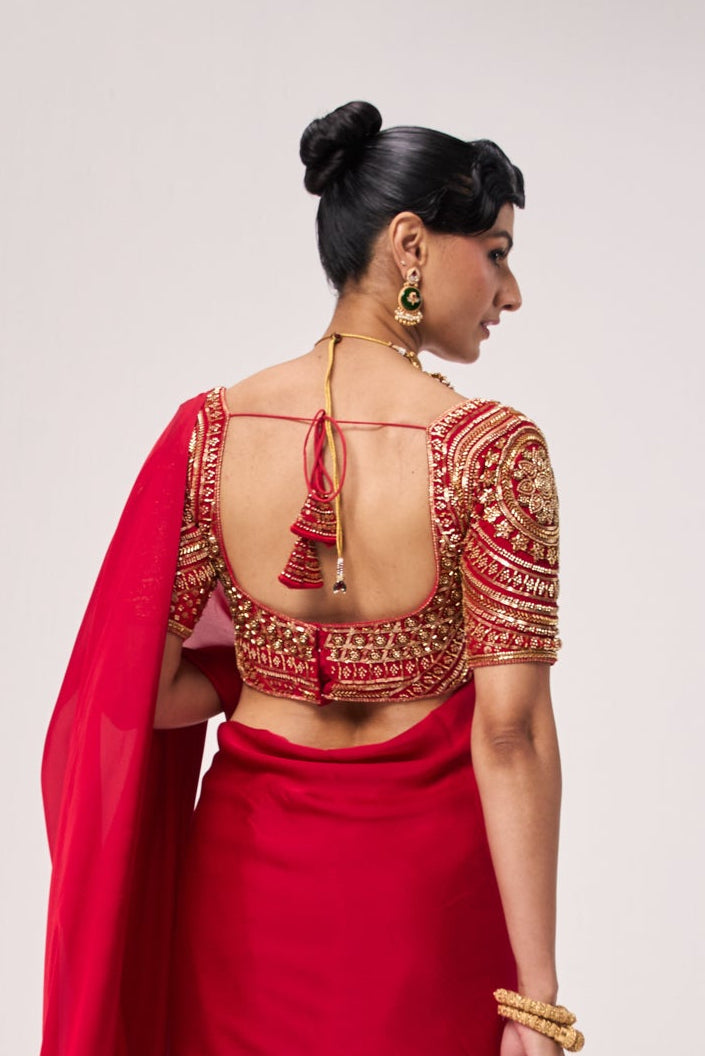 Red Hand Embroidered Cut Dana Sabya Blouse – Free-Size Adjustable 32–40 inches | Couture Designer Blouse