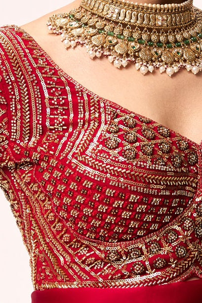 Red Hand Embroidered Cut Dana Sabya Blouse – Free-Size Adjustable 32–40 inches | Couture Designer Blouse