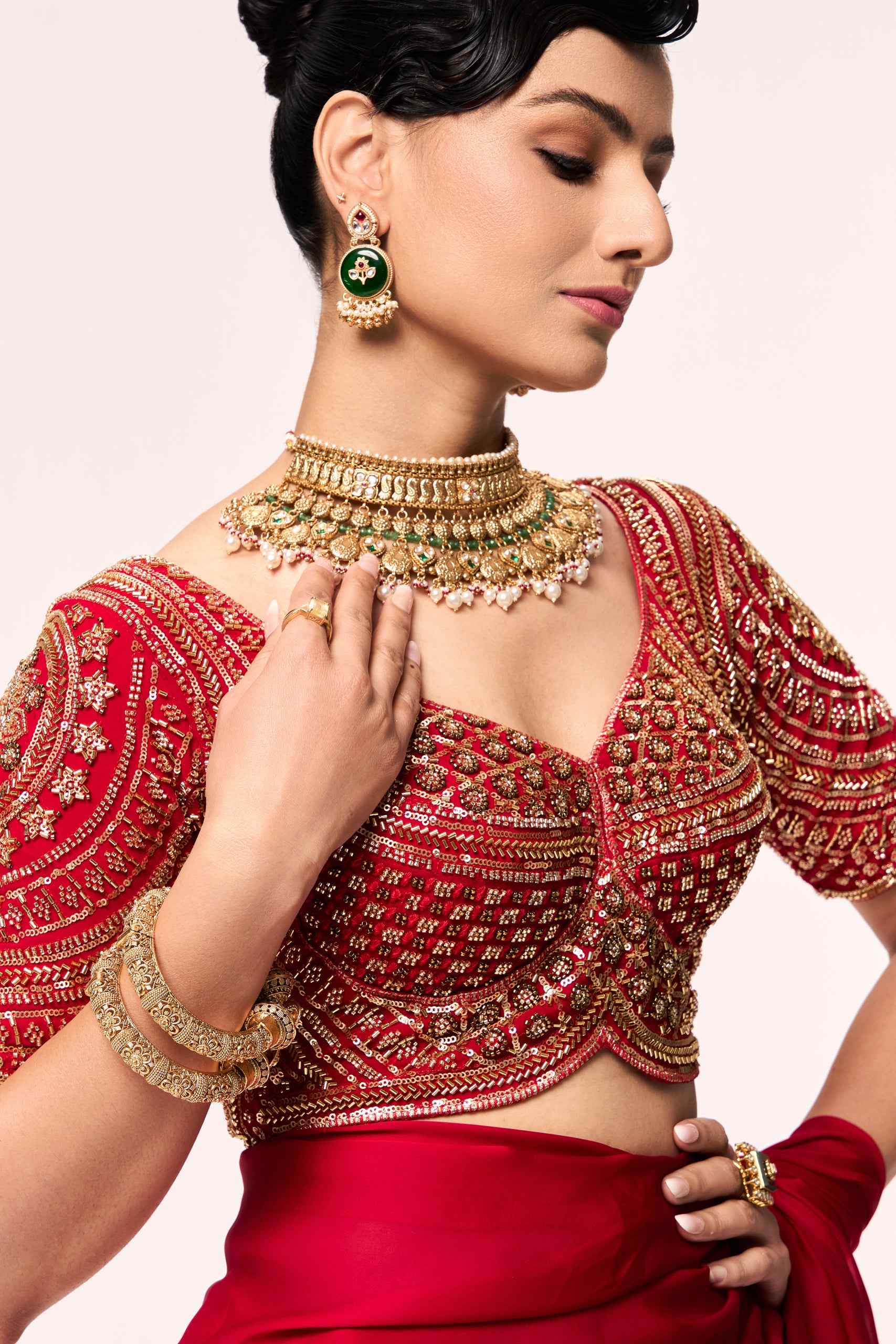 Red Hand Embroidered Cut Dana Sabya Blouse – Free-Size Adjustable 32–40 inches | Couture Designer Blouse