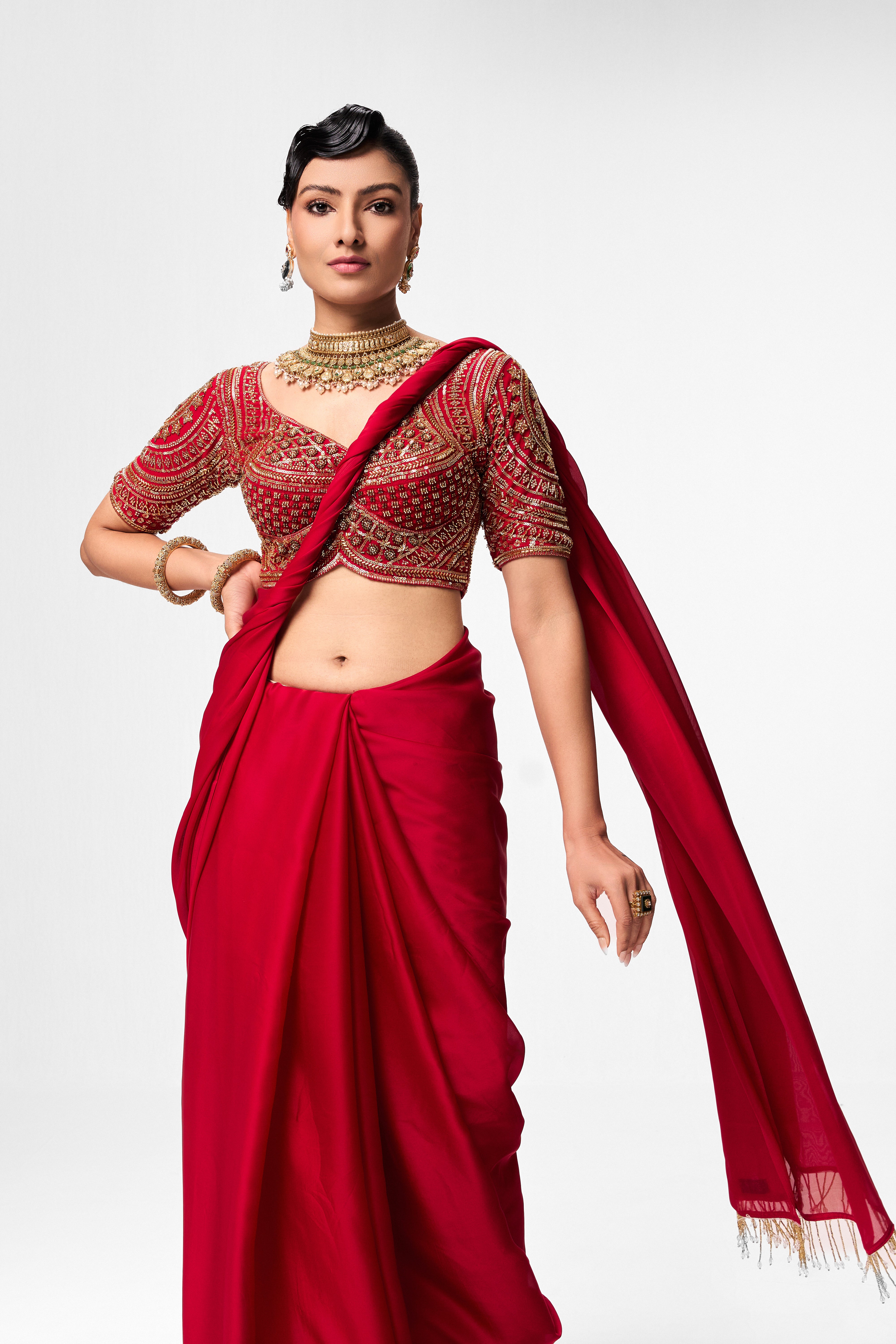 Red Hand Embroidered Cut Dana Sabya Blouse – Free-Size Adjustable 32–40 inches | Couture Designer Blouse