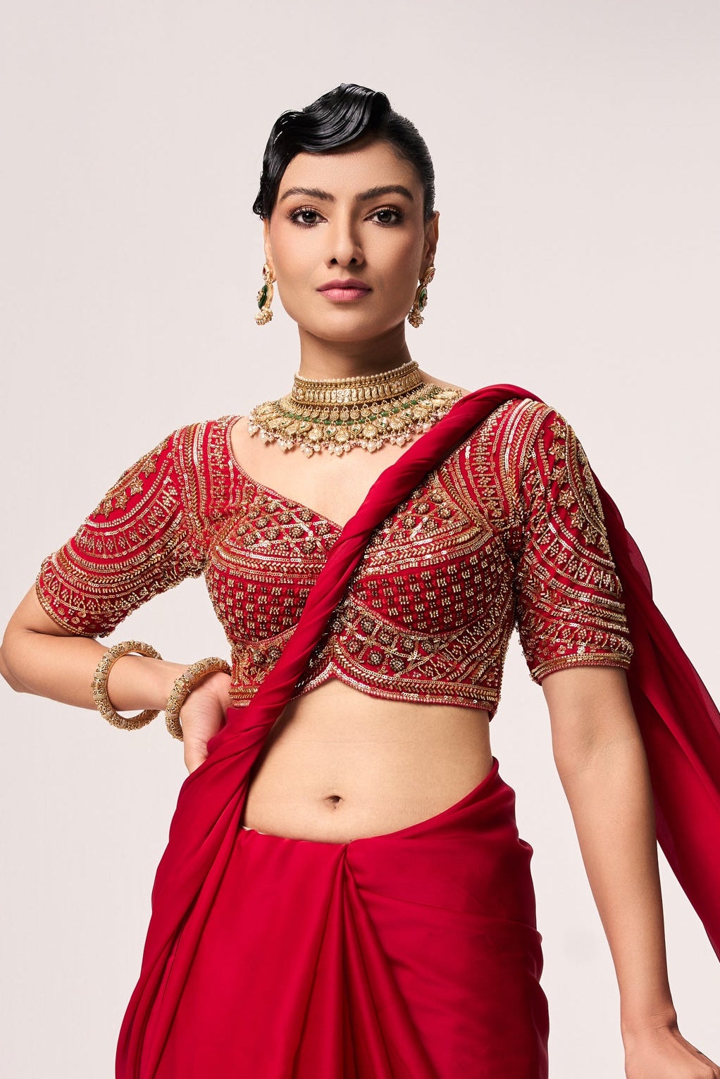 Red Hand Embroidered Cut Dana Sabya Blouse – Free-Size Adjustable 32–40 inches | Couture Designer Blouse