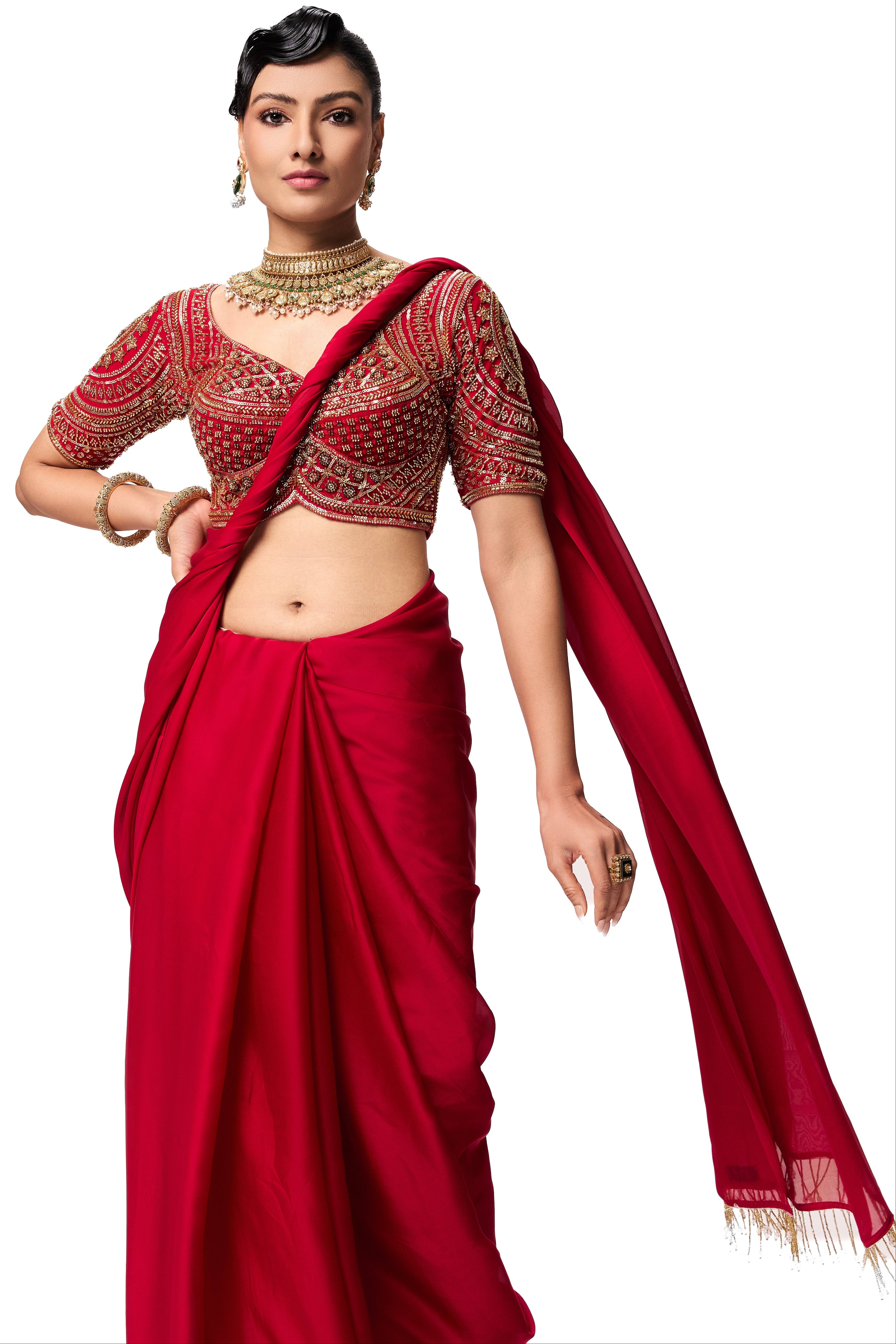 Red Satin Saree with Lace and Self Blouse Fabric