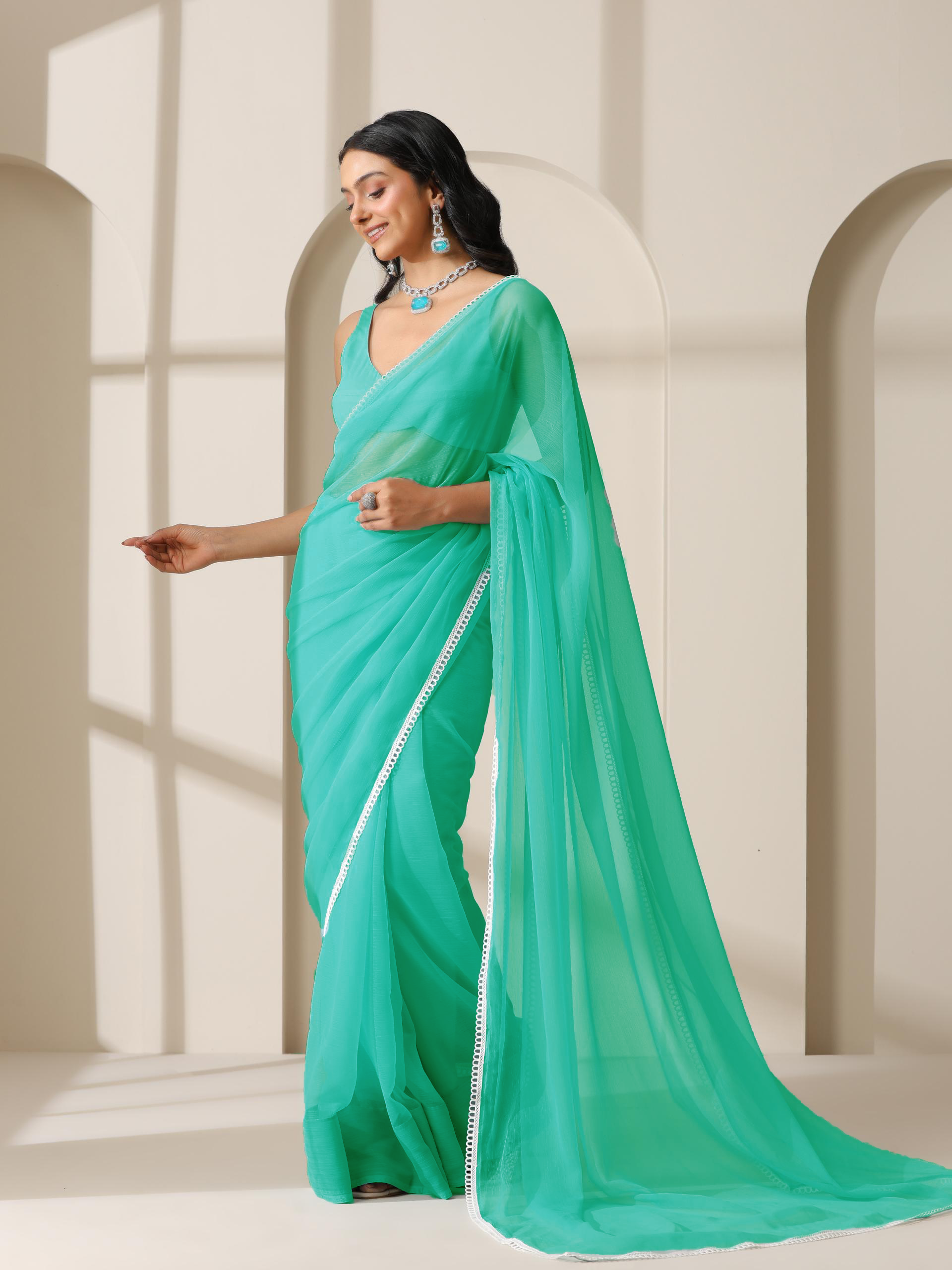 Blue Ice Chiffon with Lace and Self Blouse Fabric