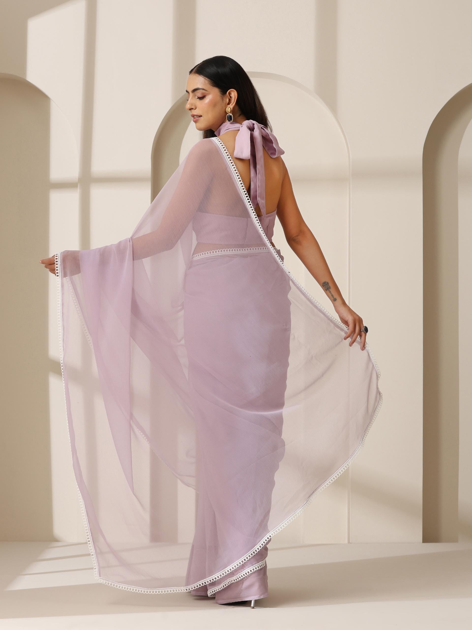 Lavender Chiffon Saree with Lace and Self Fabric Blouse