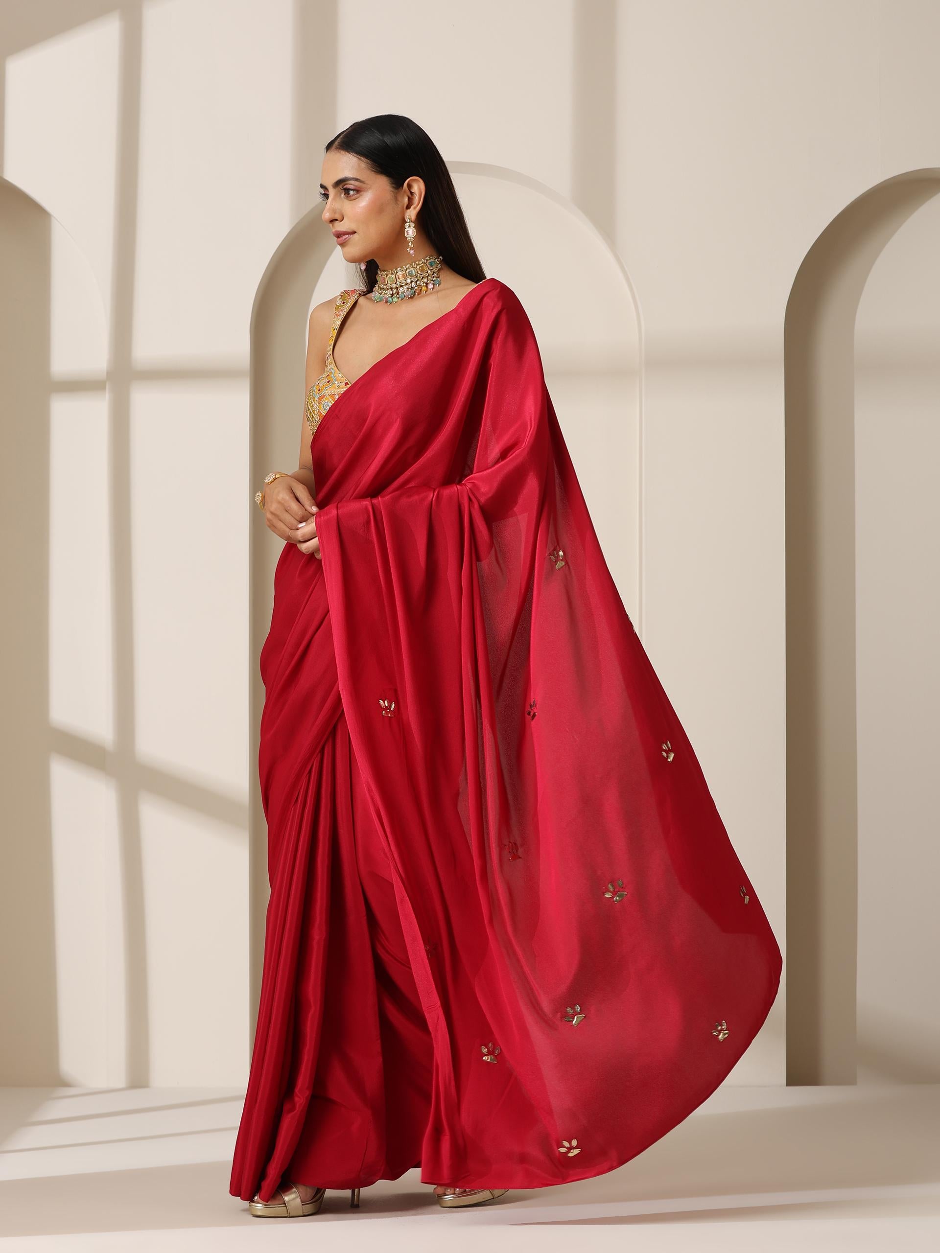 Red Crepe Saree with Beads on Pallu and Self Blouse Fabric