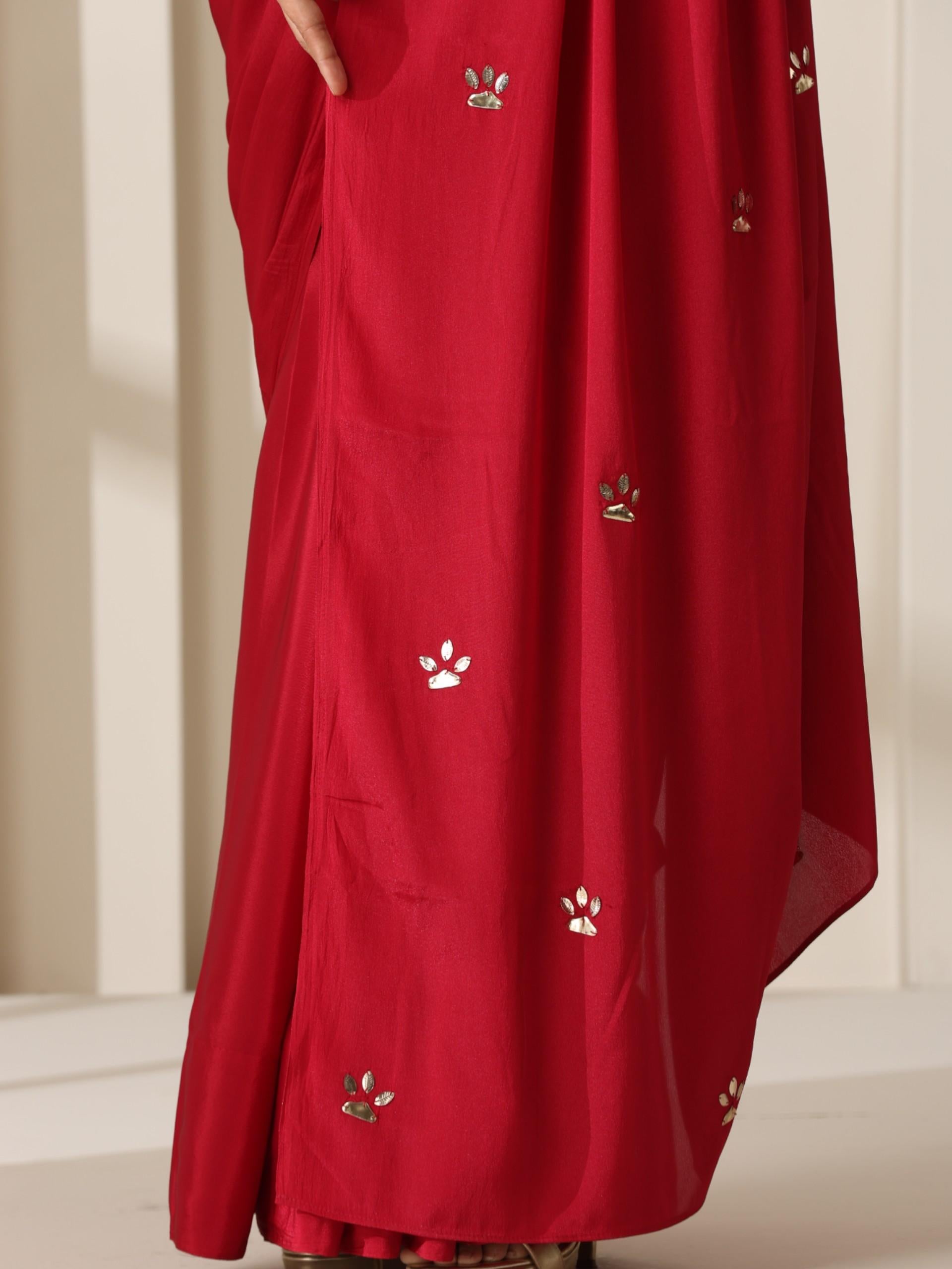 Red Crepe Saree with Beads on Pallu and Self Blouse Fabric