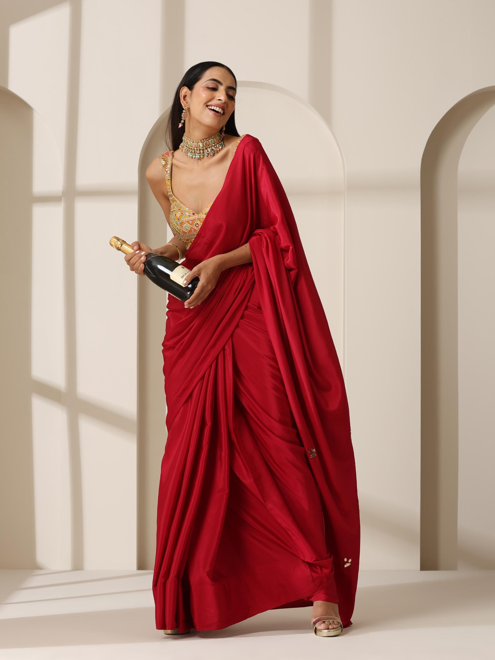 Red Crepe Saree with Beads on Pallu and Self Blouse Fabric