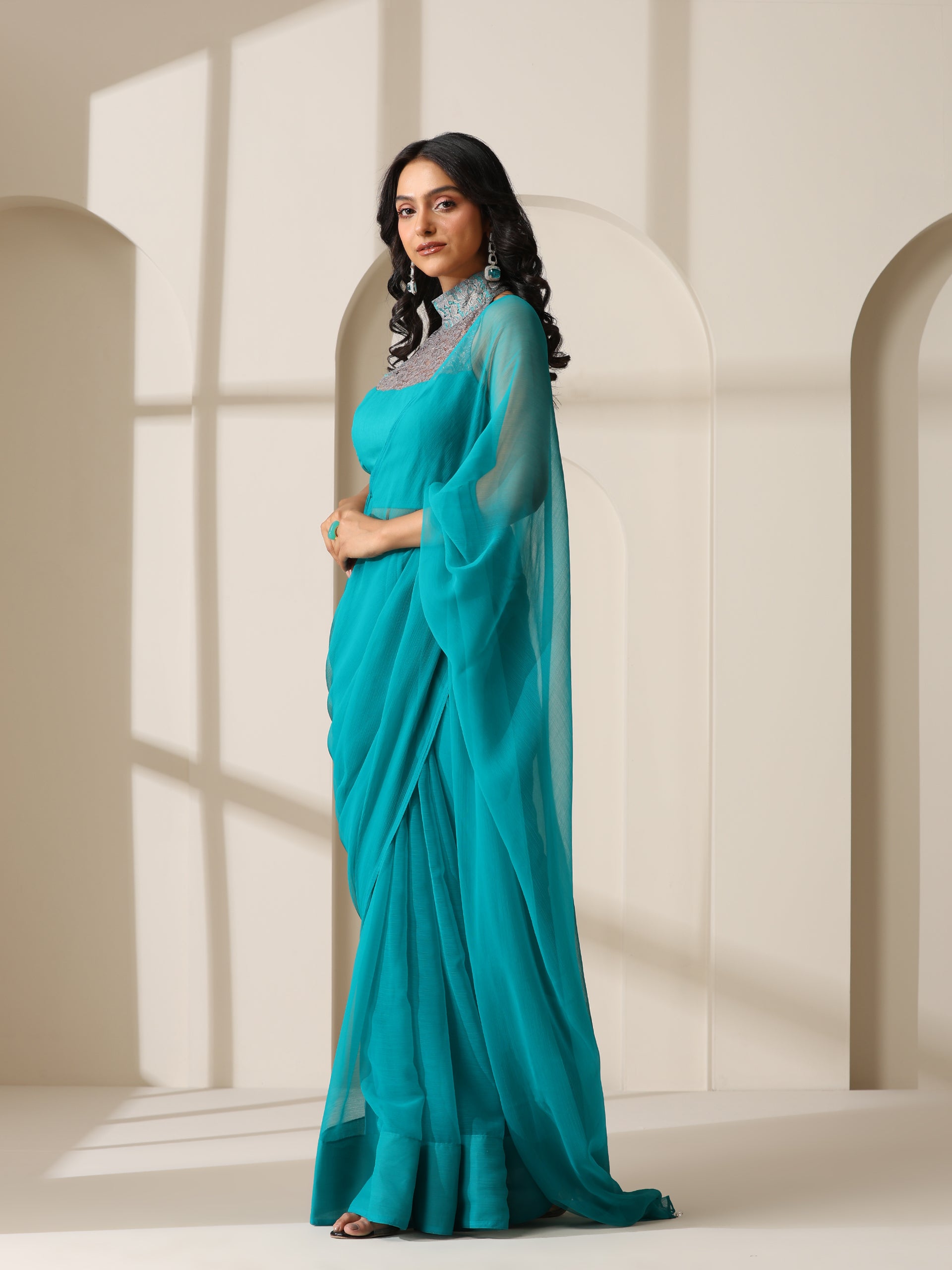 Vivid Sea Green Chiffon Saree with Self Blouse Fabric