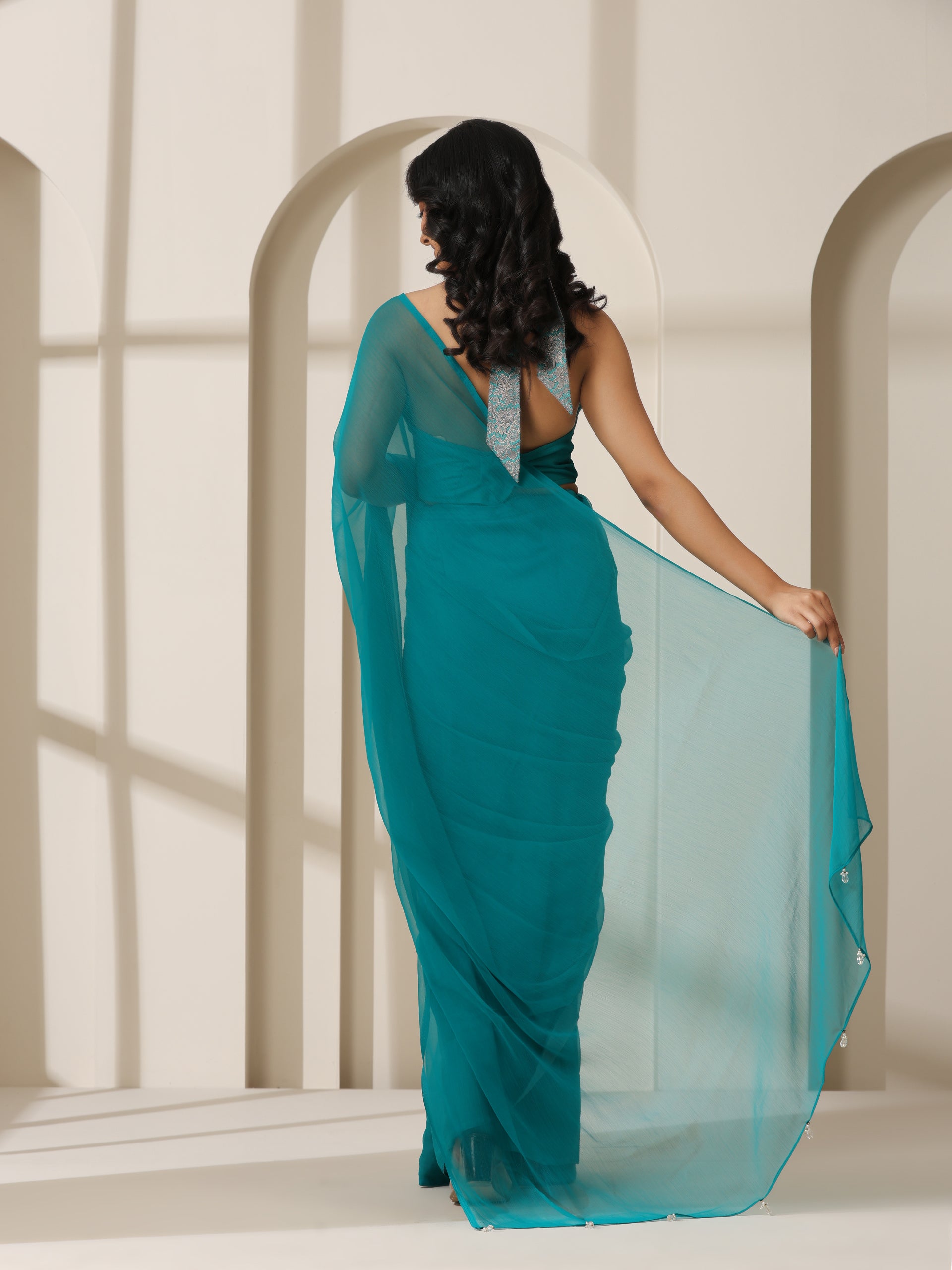 Vivid Sea Green Chiffon Saree with Self Blouse Fabric