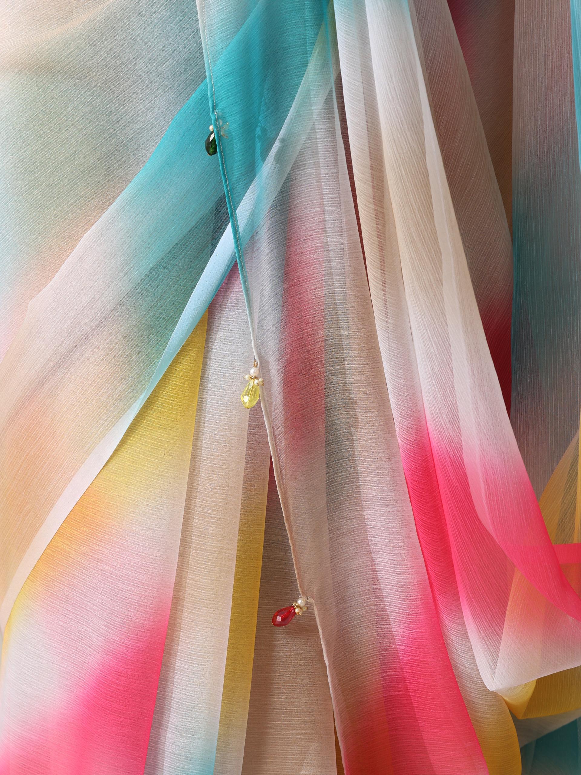 Bubble Gum Dreams Chiffon Saree with Pendants and Fuchsia Blouse Fabric