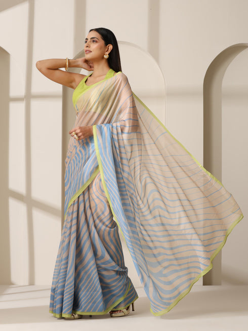 Blue Waves Chiffon Print Saree with Neon Border & Blouse Fabric