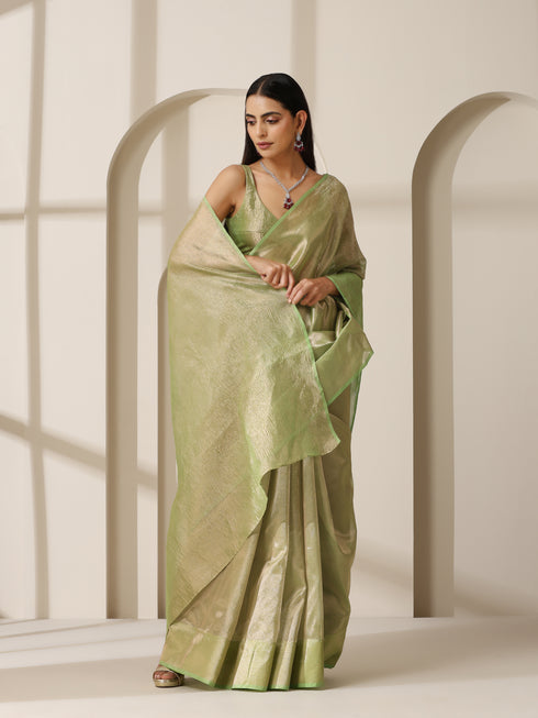 Lemon Green Banarasi Tissue Saree with Blouse Fabric