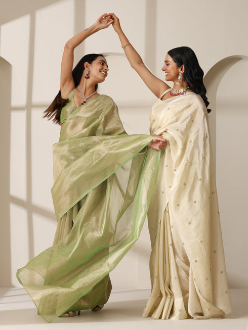 Lemon Green Banarasi Tissue Saree with Blouse Fabric