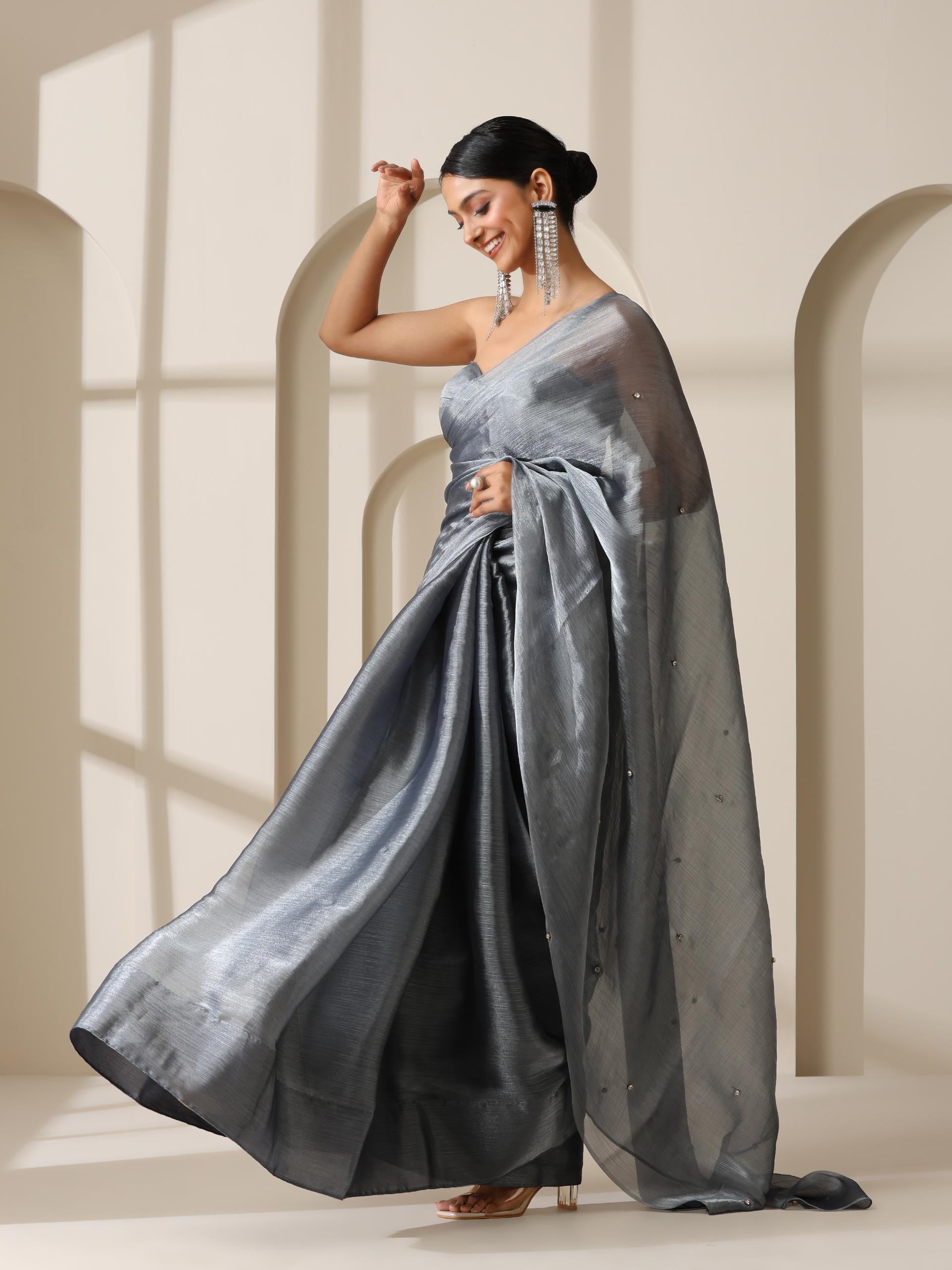 Grey galaxy diamond organza chiffon saree with self blouse fabric
