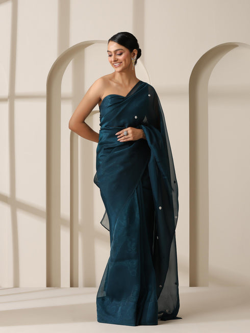 Prophecy Blue Shimmer Chiffon Saree with Beads and Self Fabric Blouse