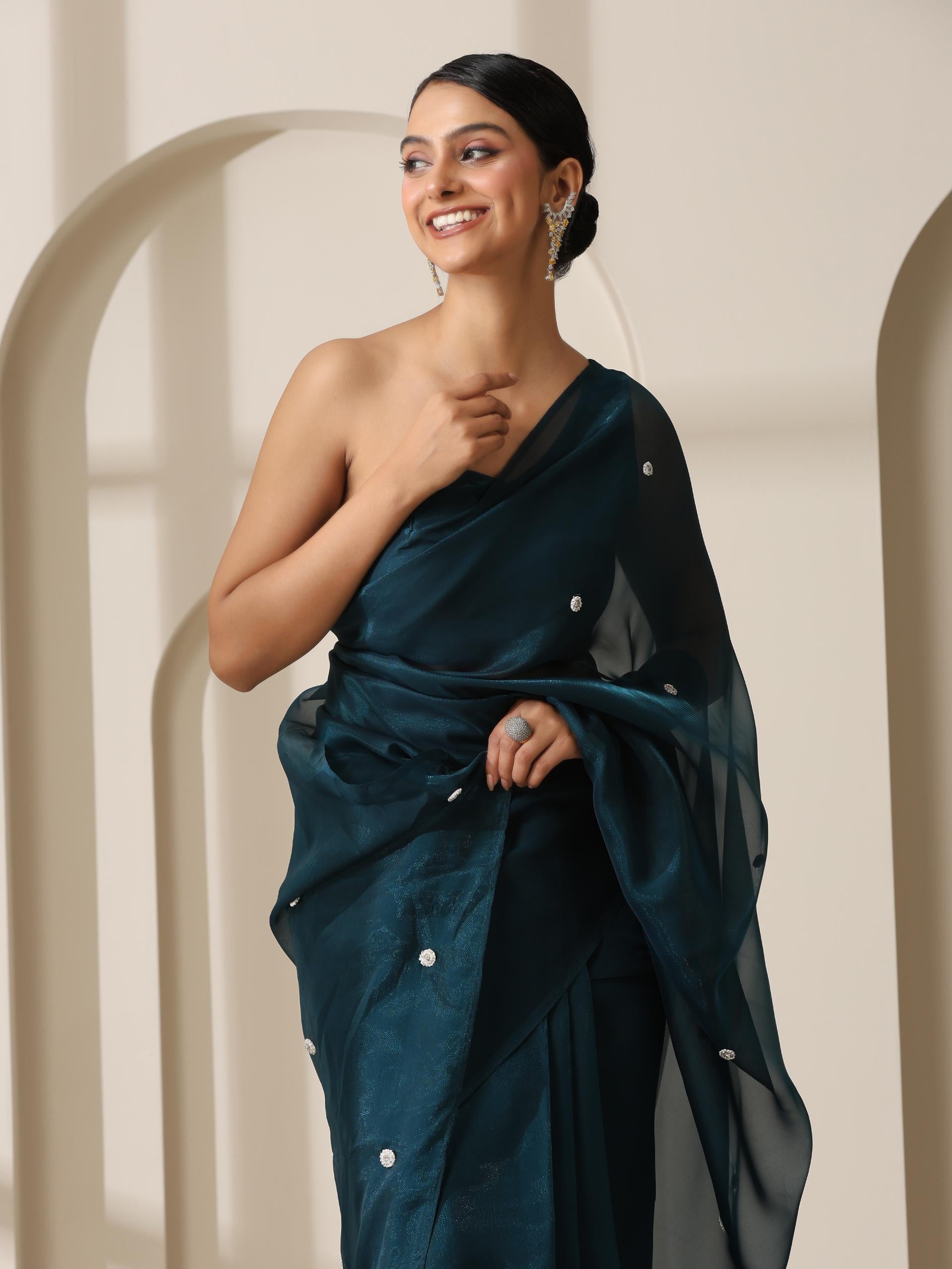 Prophecy Blue Shimmer Chiffon Saree with Beads and Self Fabric Blouse