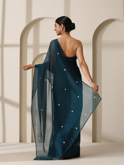 Prophecy Blue Shimmer Chiffon Saree with Beads and Self Fabric Blouse
