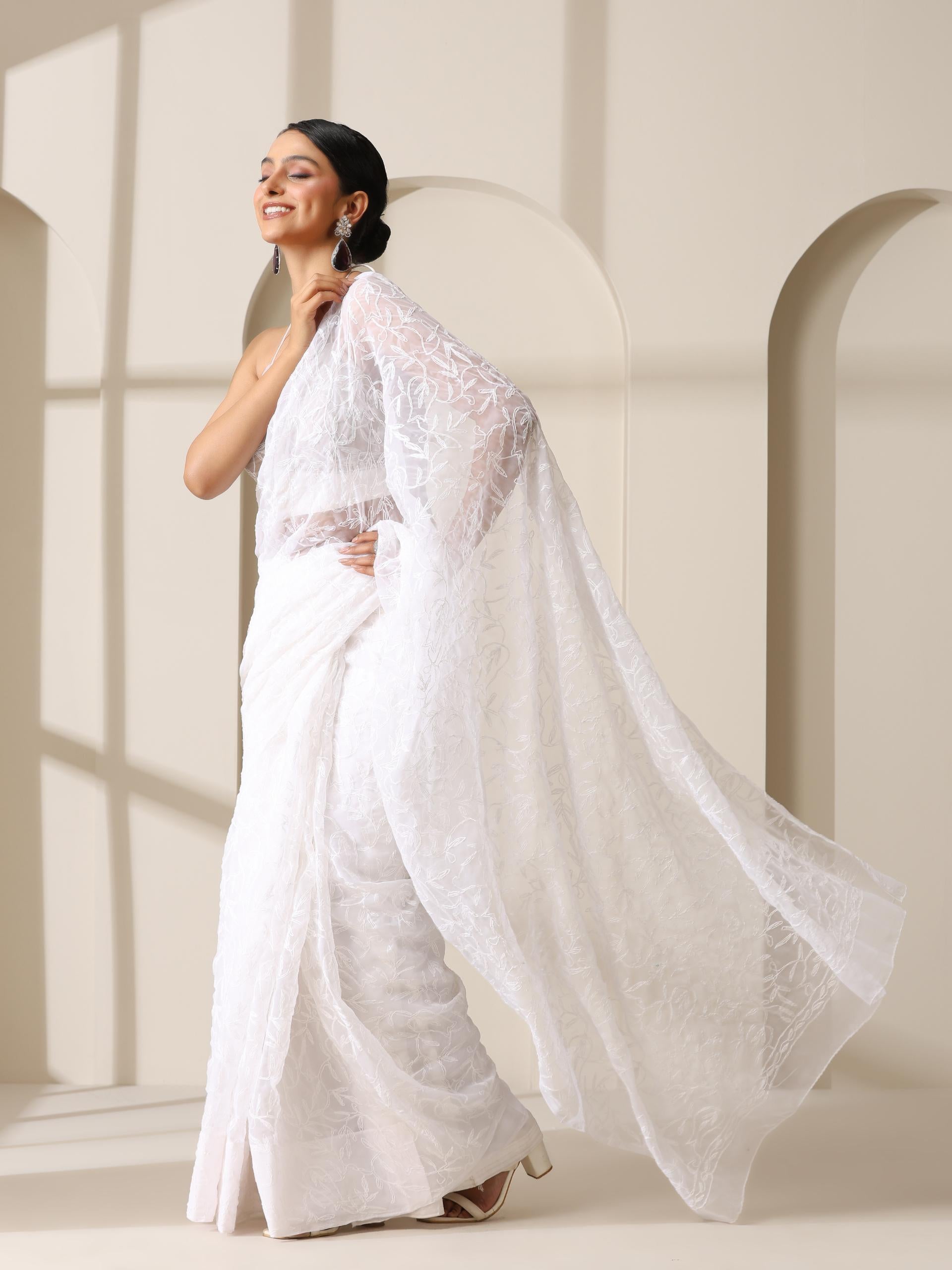 Buy White Tepchi Hand Chikankari Pure Georgette Saree with Blouse