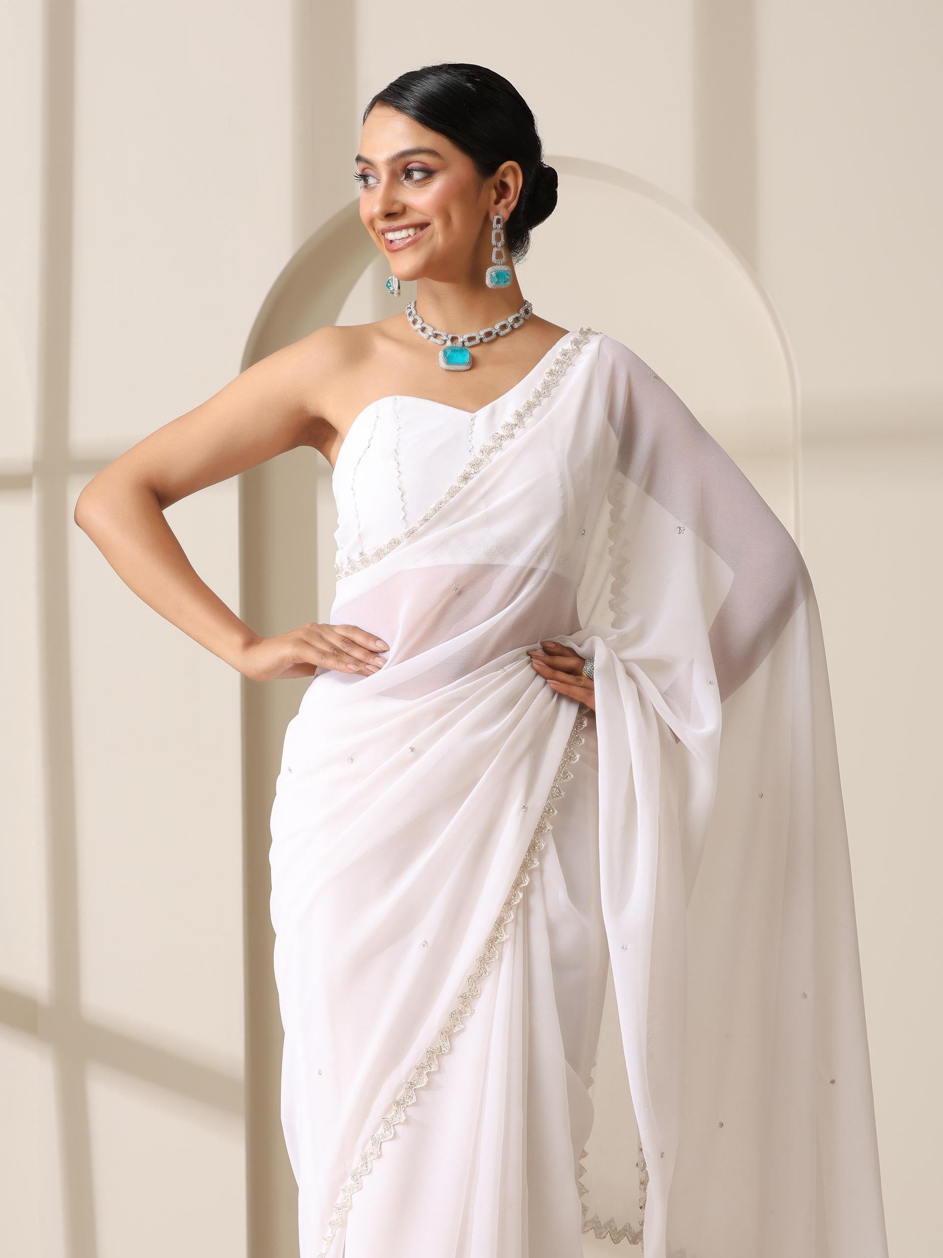Amazing Grace White Hand Beaded Hill Georgette Saree with Beaded Blouse Fabric