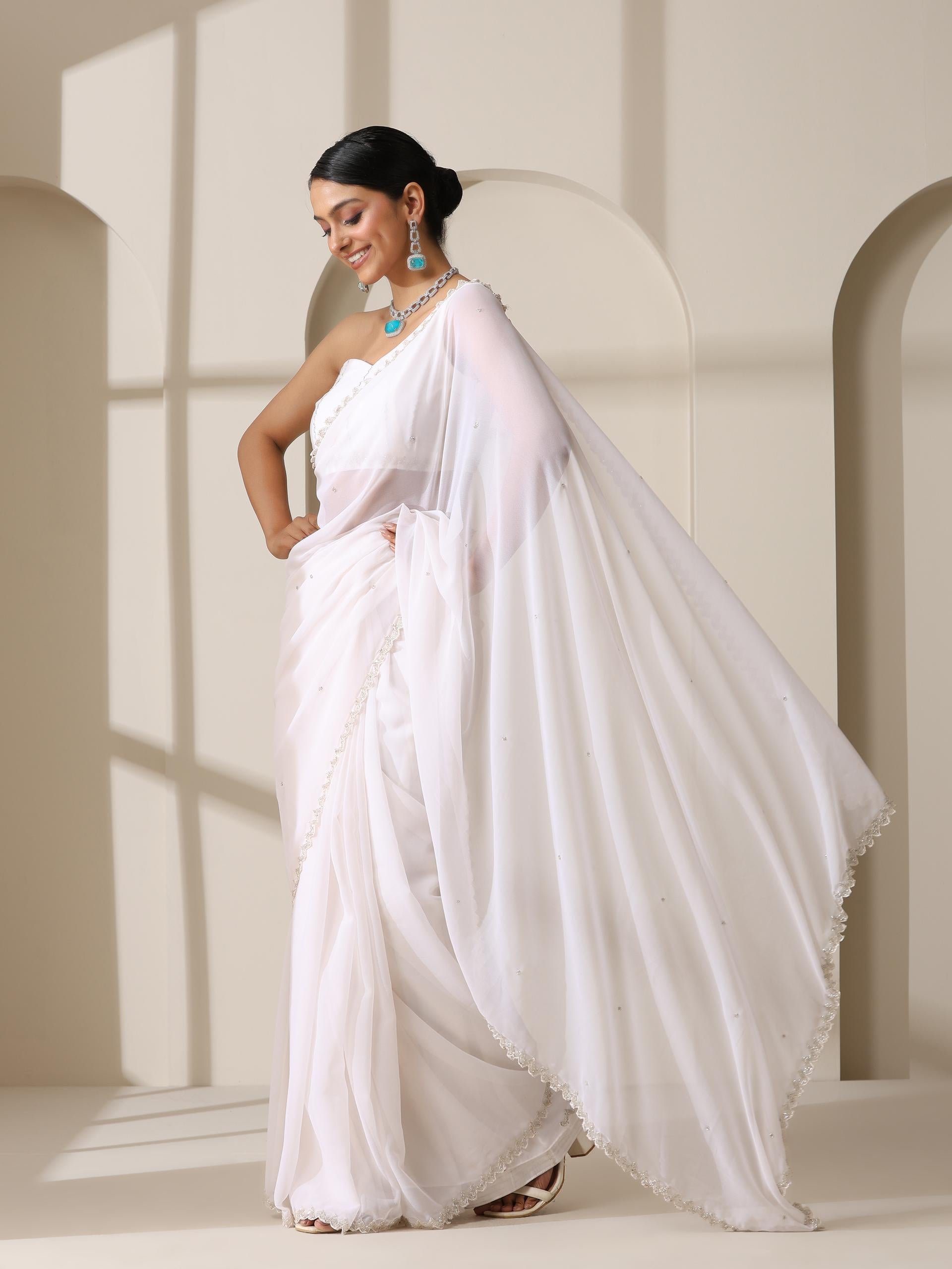 Amazing Grace White Hand Beaded Hill Georgette Saree with Beaded Blouse Fabric