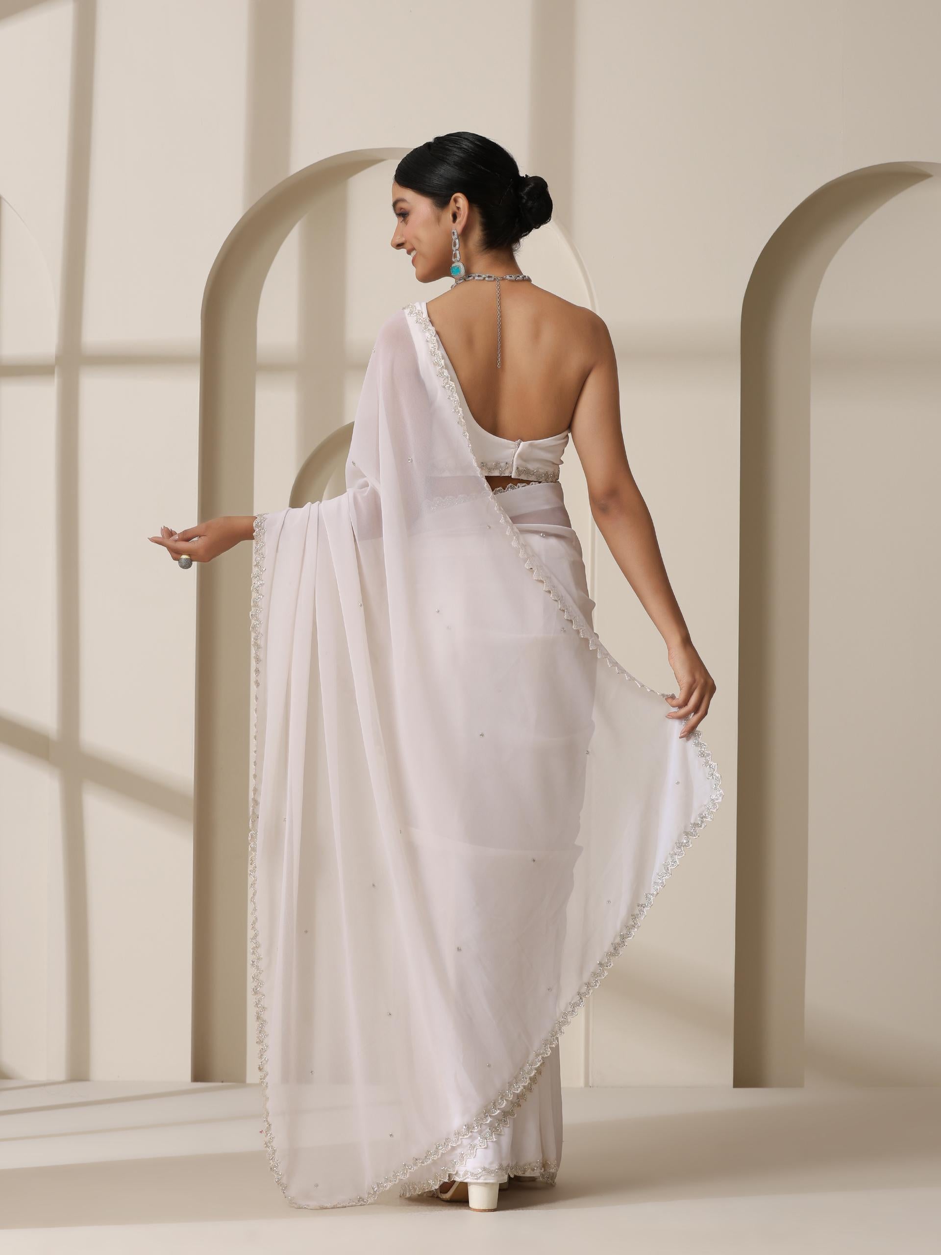 Amazing Grace White Hand Beaded Hill Georgette Saree with Beaded Blouse Fabric