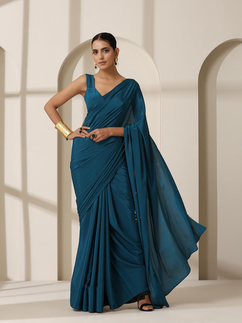 La Azure Crepe Saree with Beads on Pallu and Self Blouse Fabric