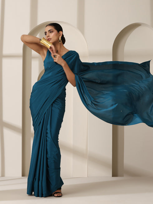 La Azure Crepe Saree with Beads on Pallu and Self Blouse Fabric