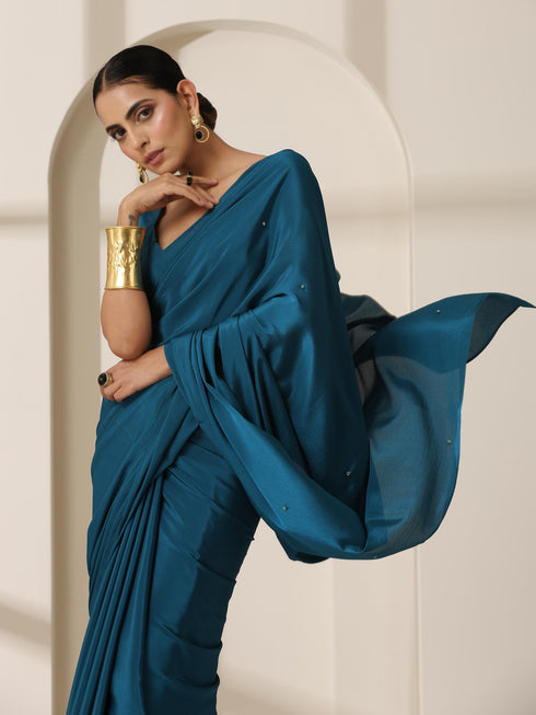 La Azure Crepe Saree with Beads on Pallu and Self Blouse Fabric