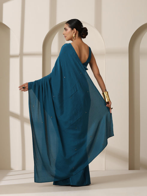 La Azure Crepe Saree with Beads on Pallu and Self Blouse Fabric